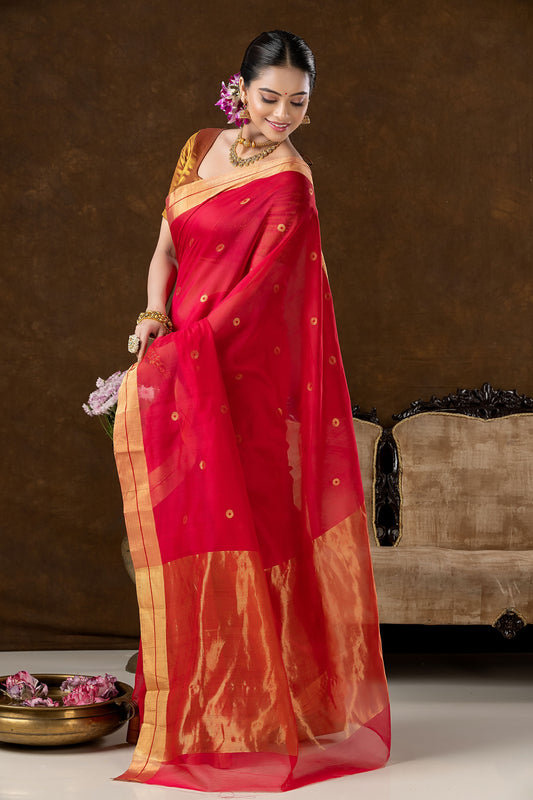 Handwoven Chanderi Silk Cotton Saree | Classic Red