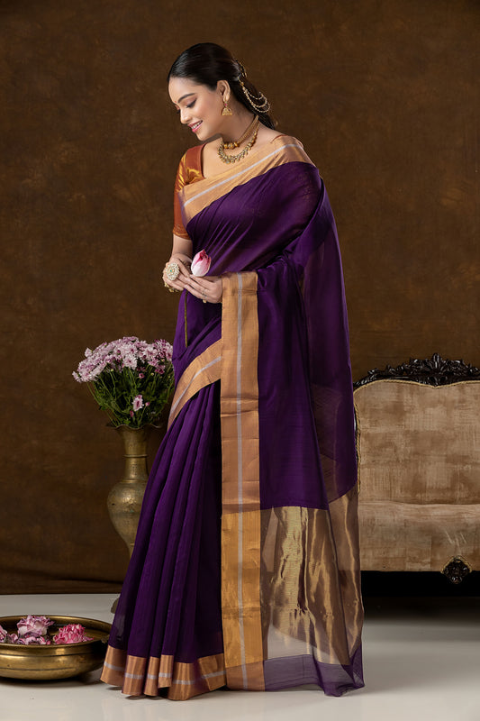 Handwoven Chanderi Silk Cotton Saree | Royal Purple