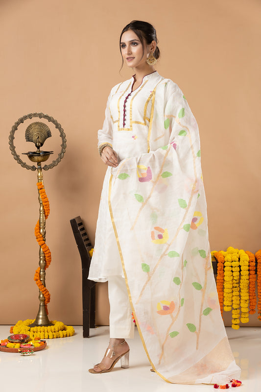 Handwoven Jamdani Muslin Unstitched 2-piece Kurti | White | Scattered Buttas with Floral border