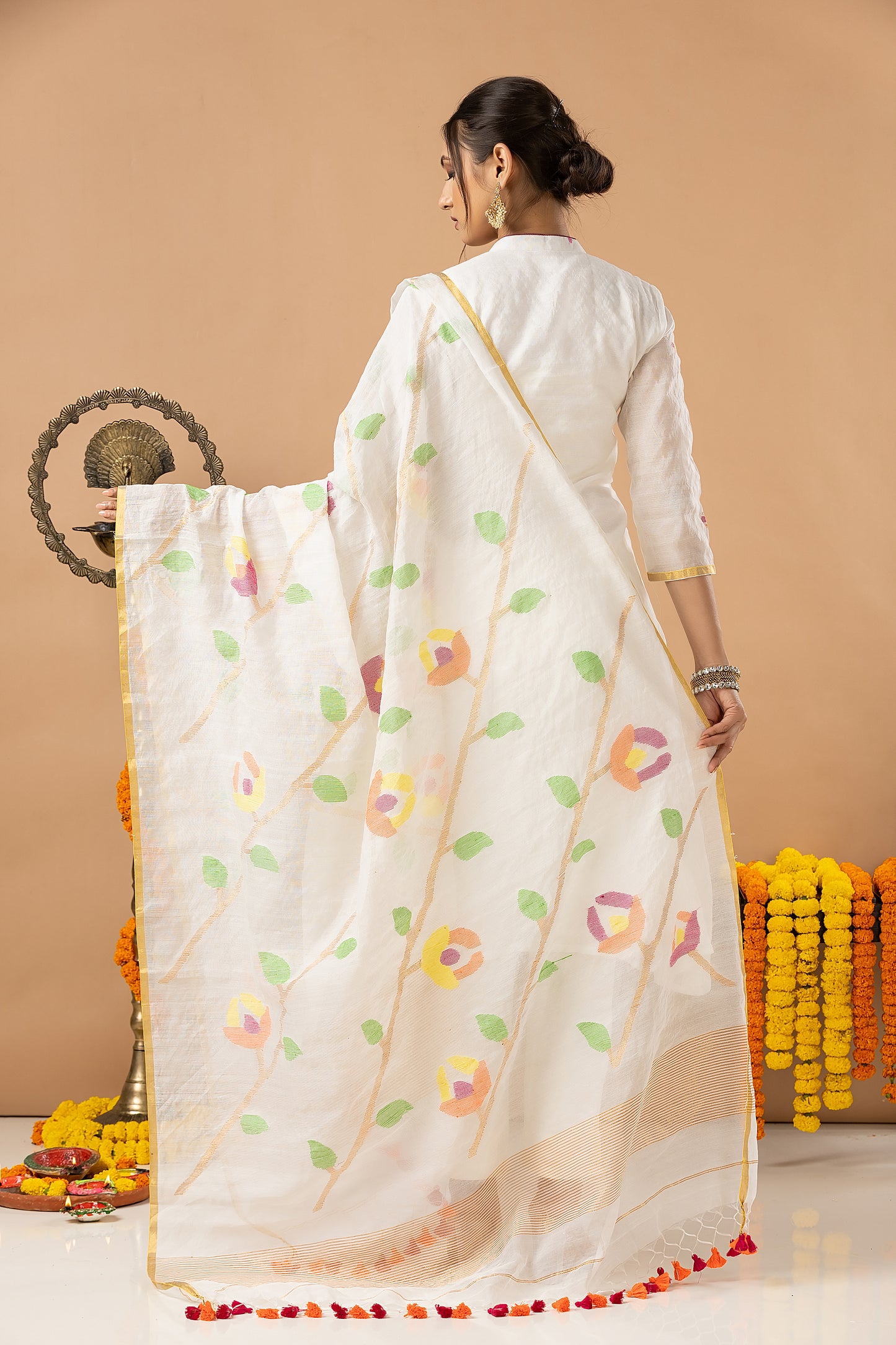 Handwoven Jamdani Muslin Unstitched 2-piece Kurti | White | Scattered Buttas with Floral border