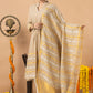 Handwoven Jamdani Linen Unstitched 2-piece Kurti | Beige | long Zari Lines with Long Zari Lines