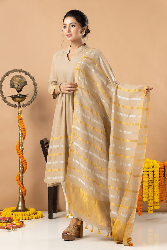 Handwoven Jamdani Linen Unstitched 2-piece Kurti | Beige | long Zari Lines with Long Zari Lines