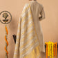 Handwoven Jamdani Linen Unstitched 2-piece Kurti | Beige | long Zari Lines with Long Zari Lines