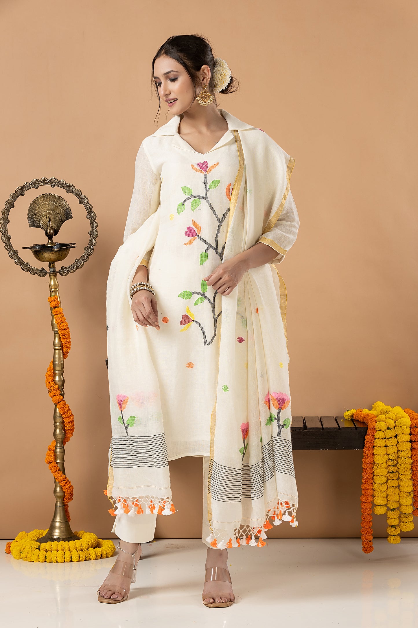 Handwoven Jamdani Cotton Unstitched 2-piece Kurti | White | All-over Jamdani weaves with Floral border