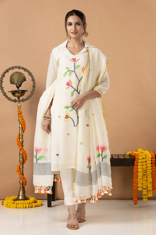 Handwoven Jamdani Cotton Unstitched 2-piece Kurti | White | All-over Jamdani weaves with Floral border