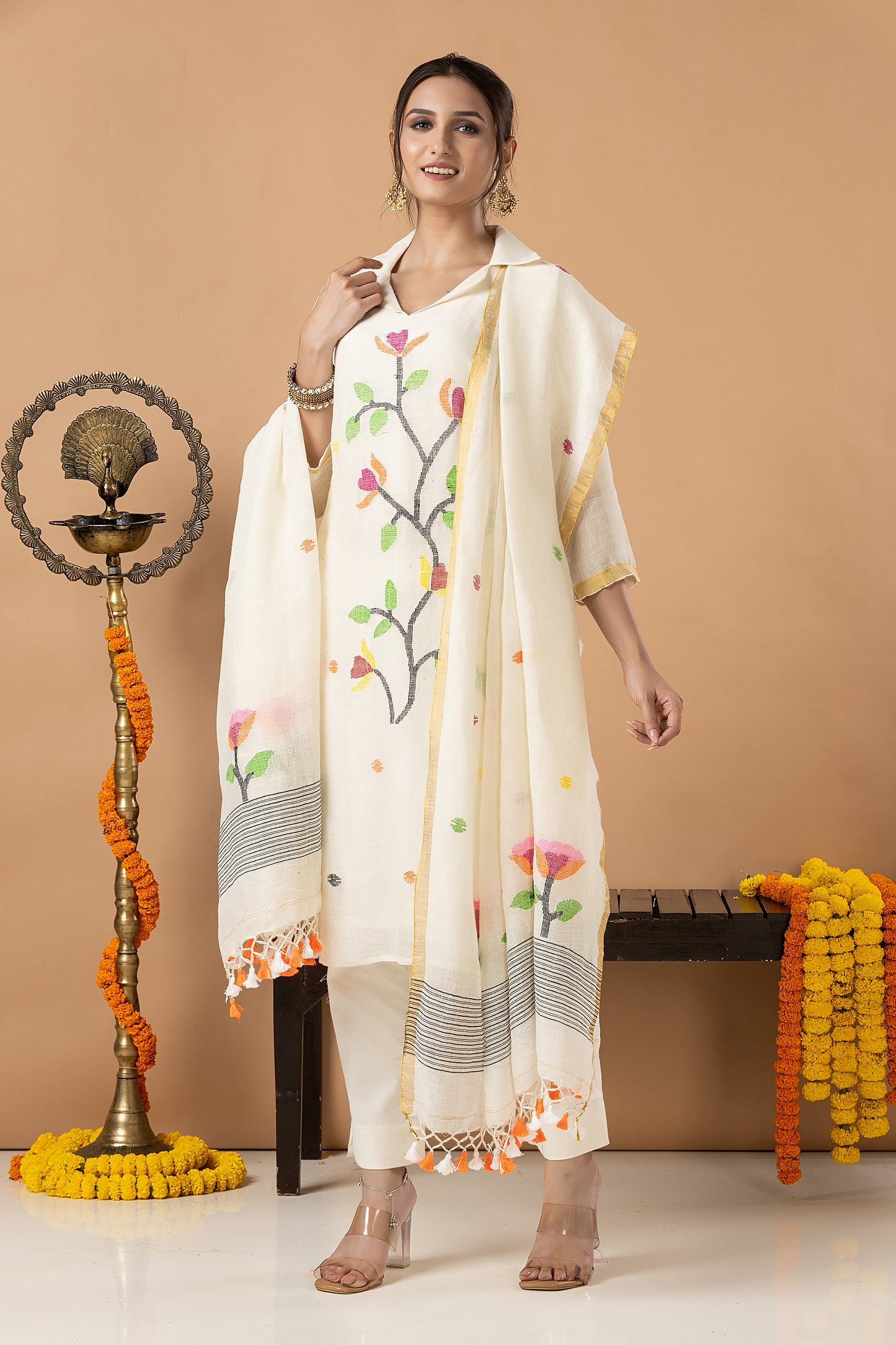 Handwoven Jamdani Cotton Unstitched 2-piece Kurti | White | All-over Jamdani weaves with Floral border