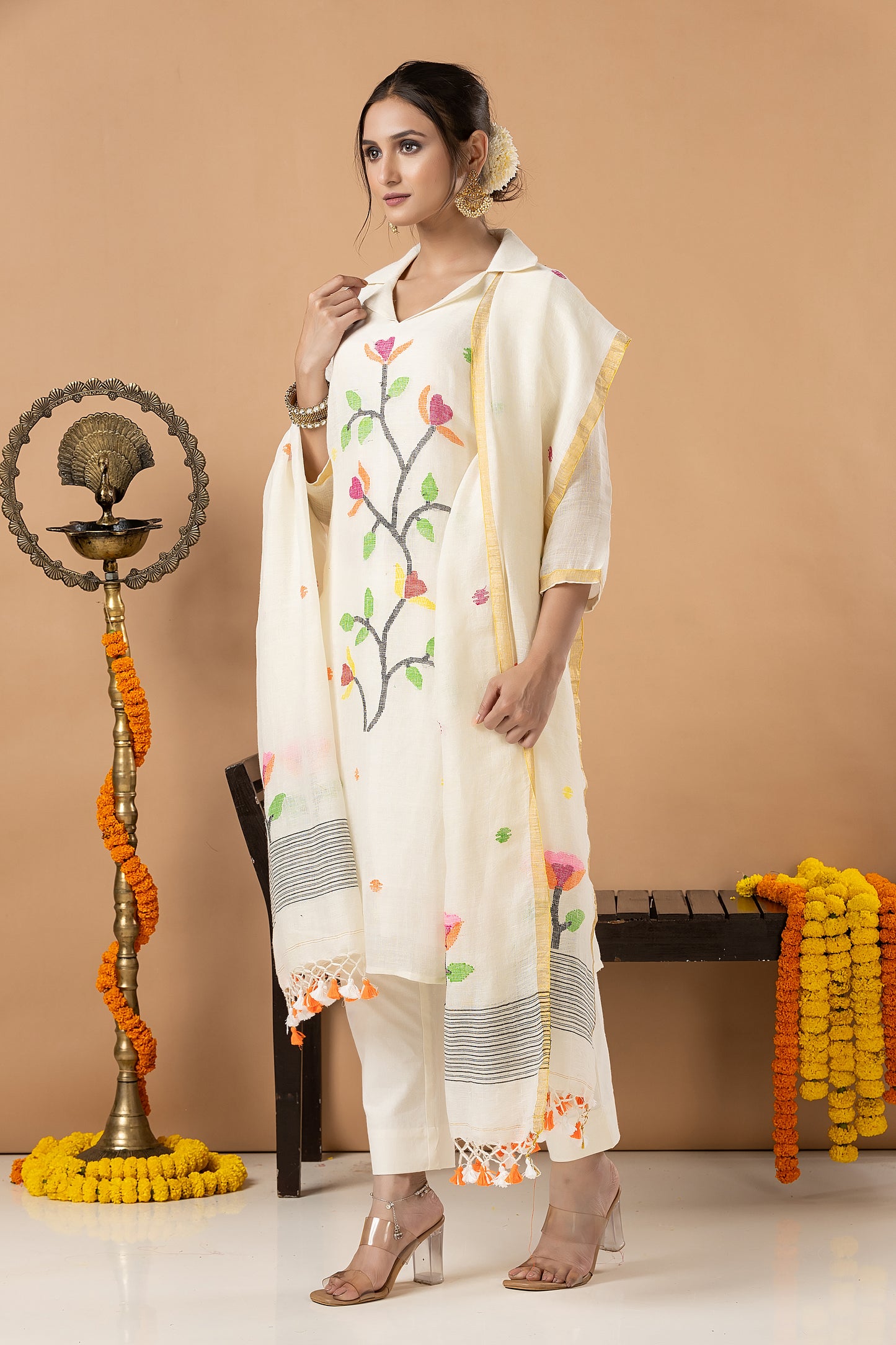 Handwoven Jamdani Cotton Unstitched 2-piece Kurti | White | All-over Jamdani weaves with Floral border