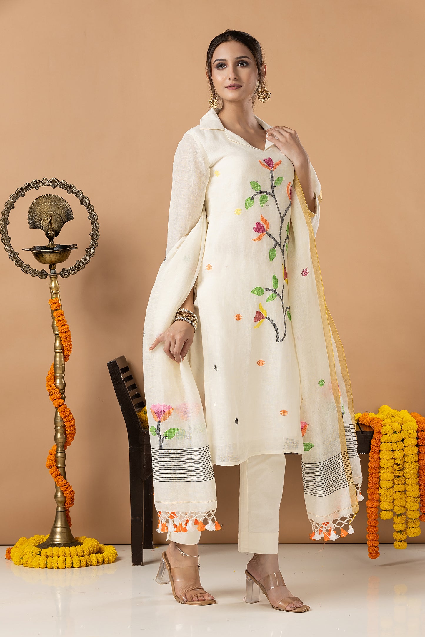 Handwoven Jamdani Cotton Unstitched 2-piece Kurti | White | All-over Jamdani weaves with Floral border