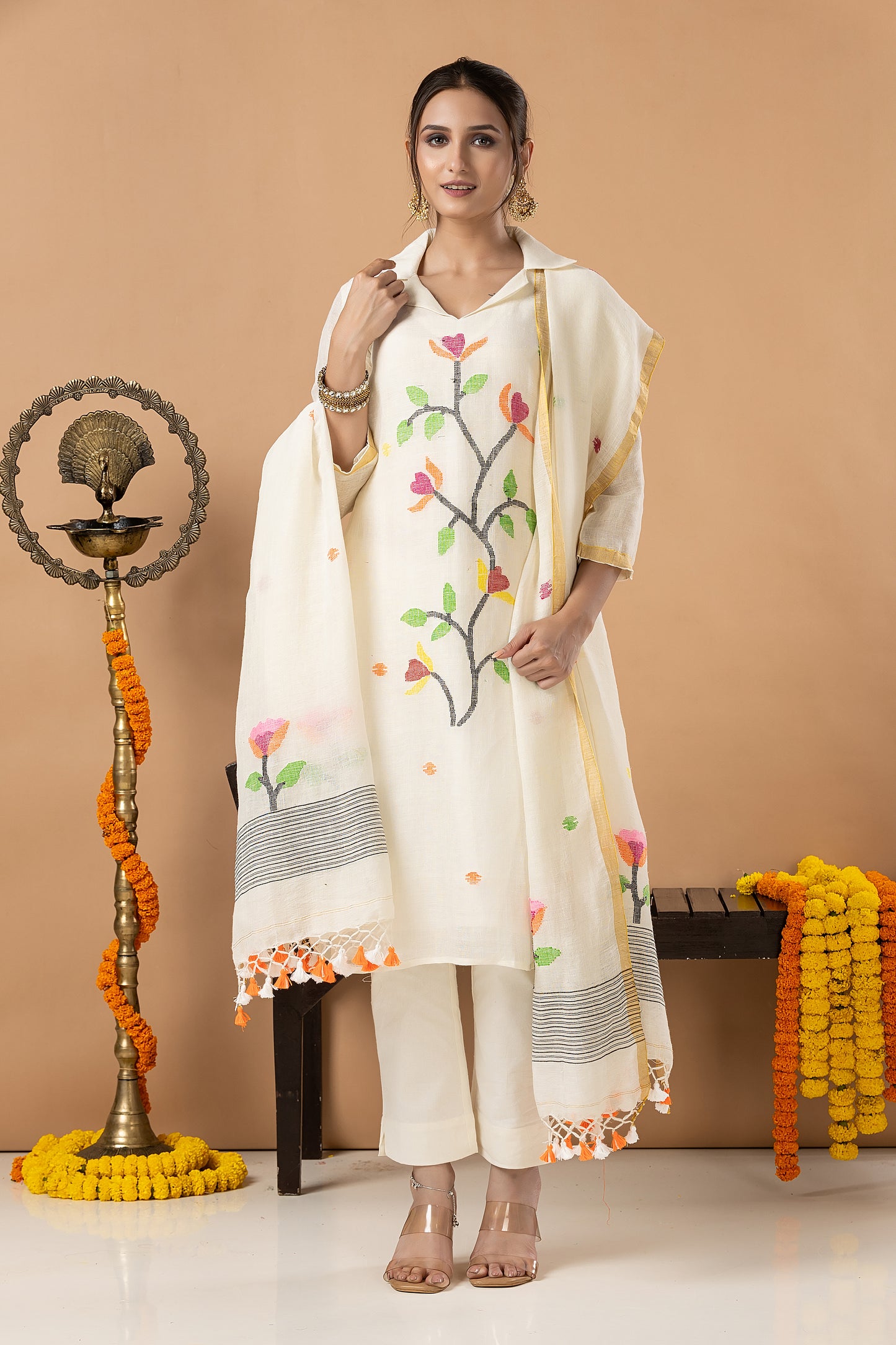 Handwoven Jamdani Cotton Unstitched 2-piece Kurti | White | All-over Jamdani weaves with Floral border