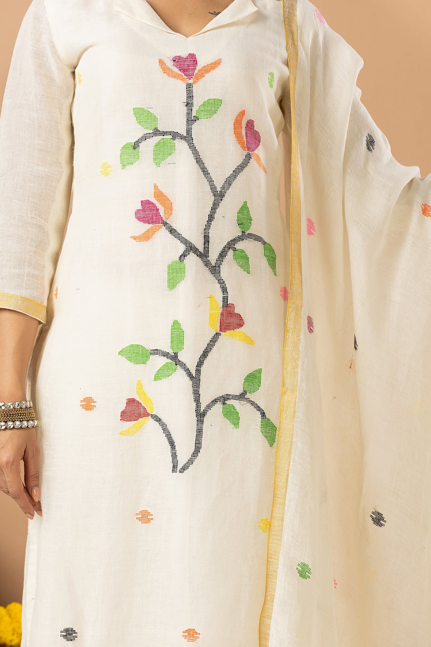 Handwoven Jamdani Cotton Unstitched 2-piece Kurti | White | All-over Jamdani weaves with Floral border