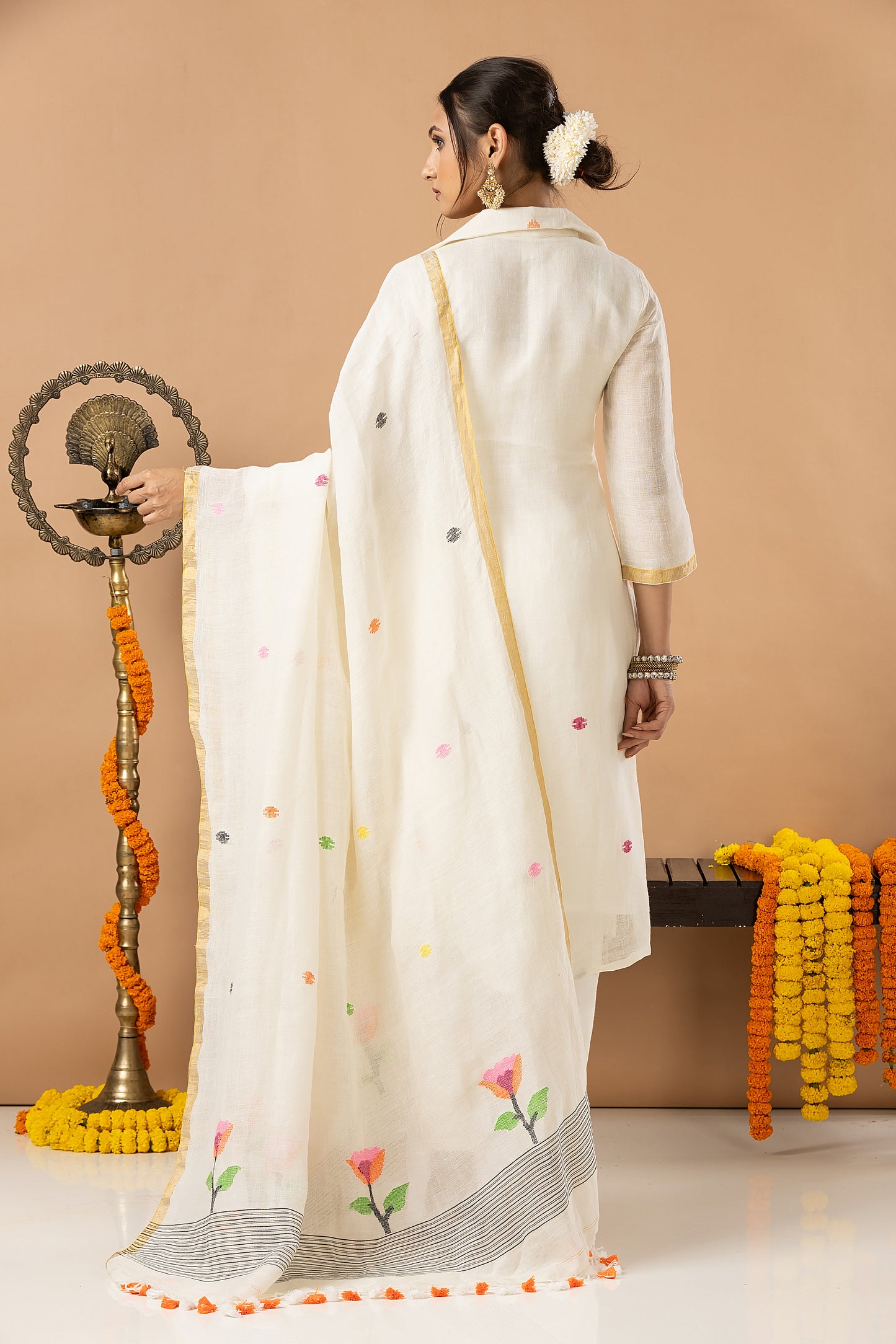 Handwoven Jamdani Cotton Unstitched 2-piece Kurti | White | All-over Jamdani weaves with Floral border