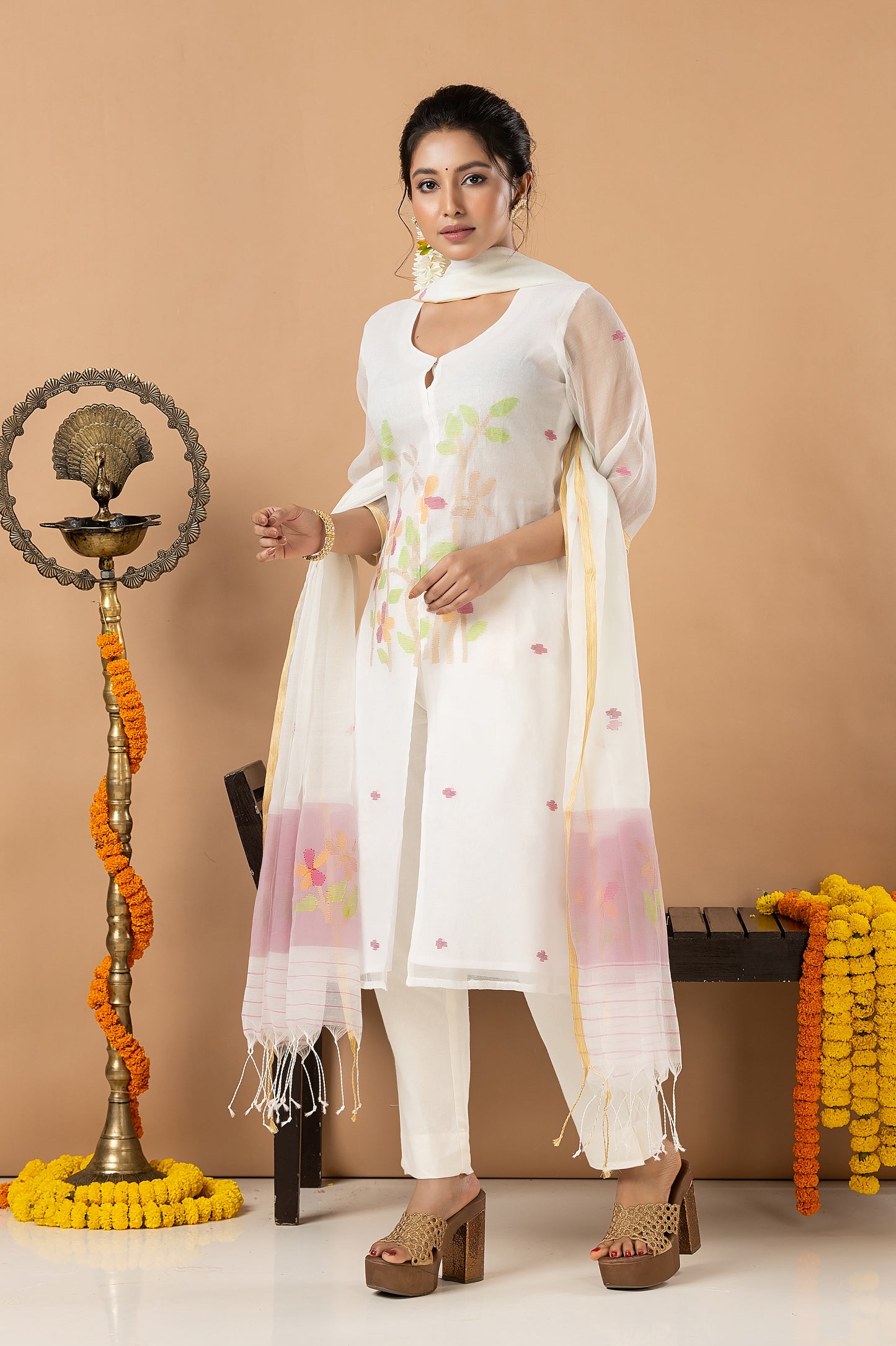 Handwoven Jamdani Muslin Unstitched 2-piece Kurti | White | Scattered Buttas with Floral border