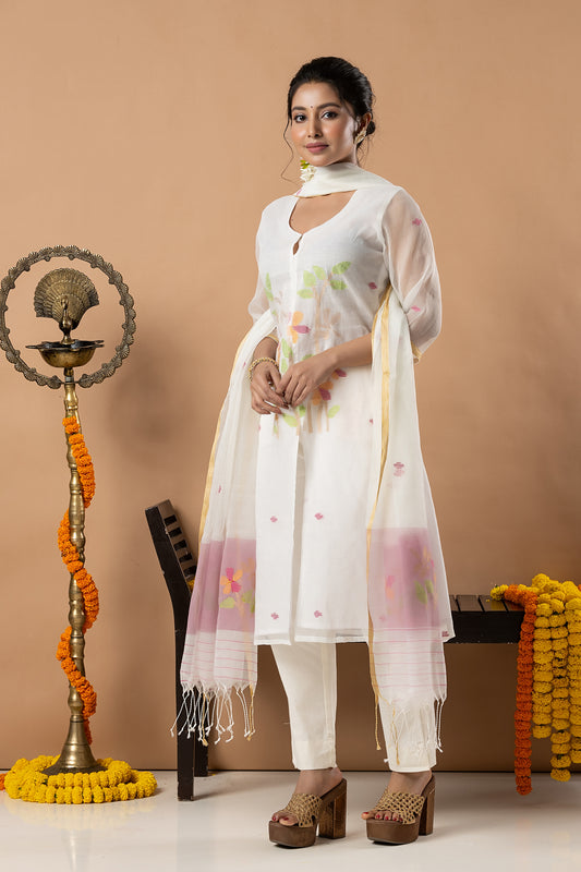 Handwoven Jamdani Muslin Unstitched 2-piece Kurti | White | Scattered Buttas with Floral border