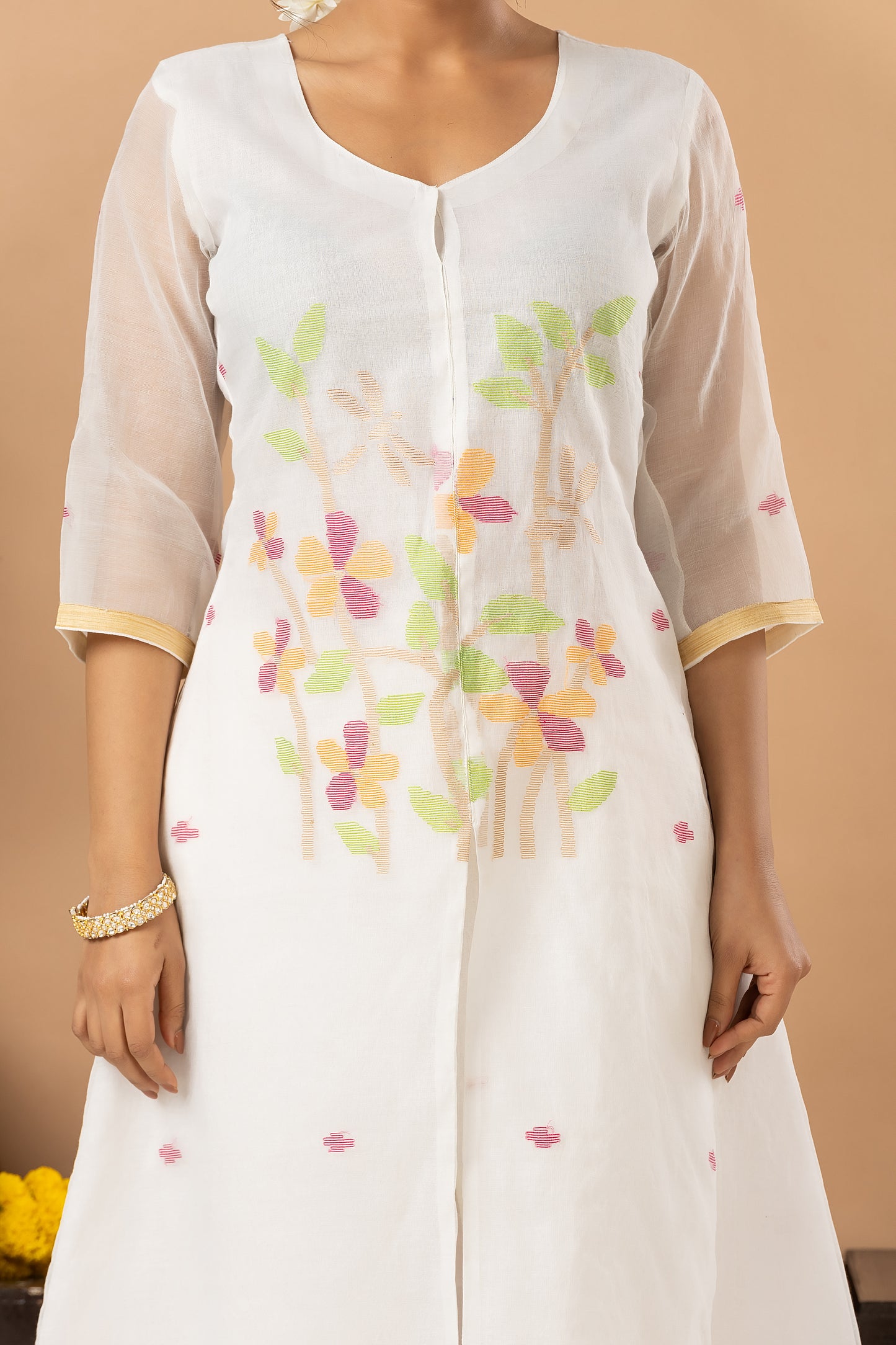 Handwoven Jamdani Muslin Unstitched 2-piece Kurti | White | Scattered Buttas with Floral border