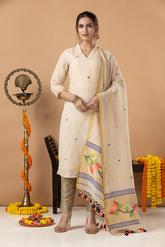 Handwoven Jamdani Linen Unstitched 2-piece Kurti | Cream | Scattered Buttas with Floral border