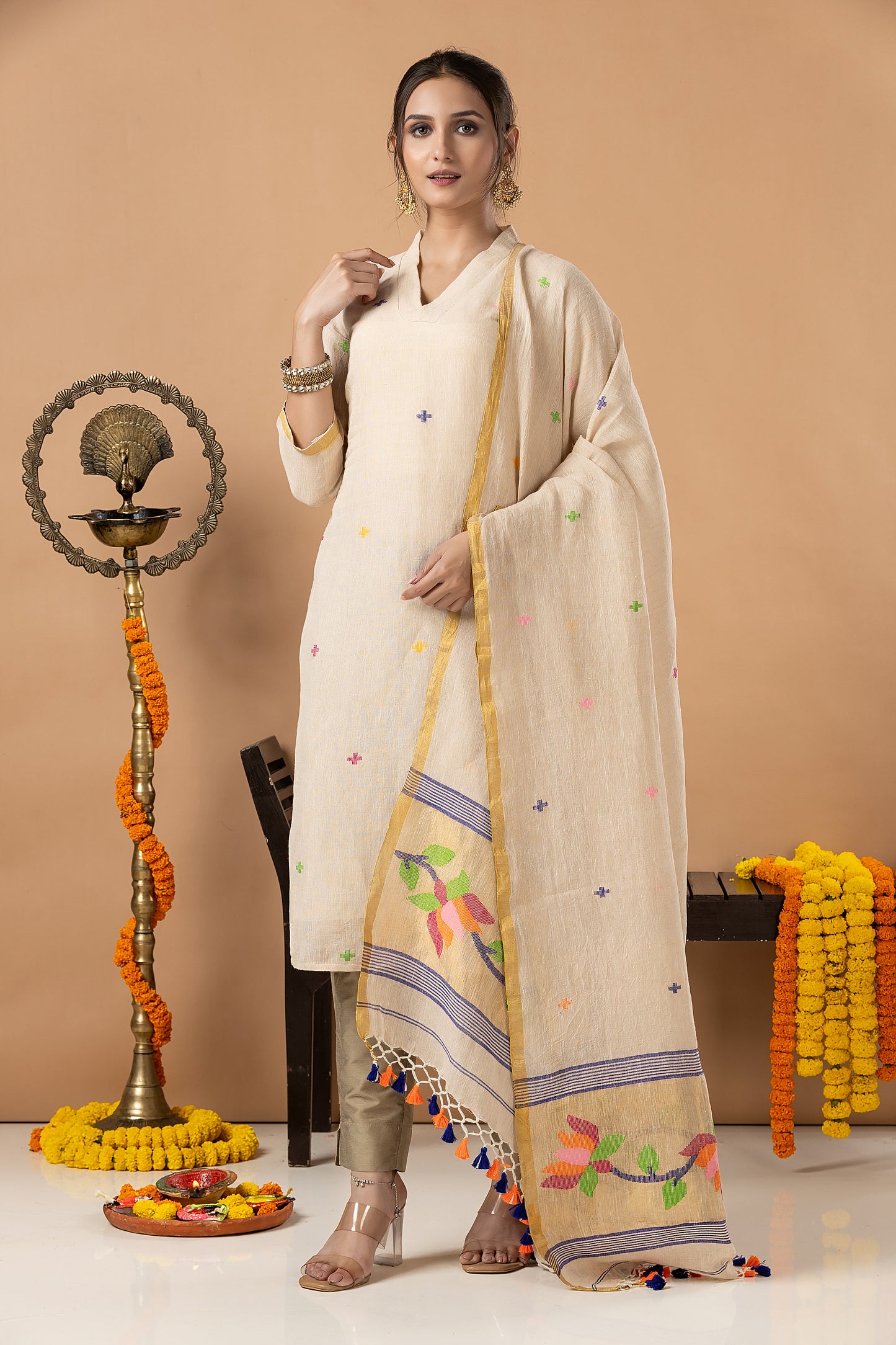Handwoven Jamdani Linen Unstitched 2-piece Kurti | Cream | Scattered Buttas with Floral border