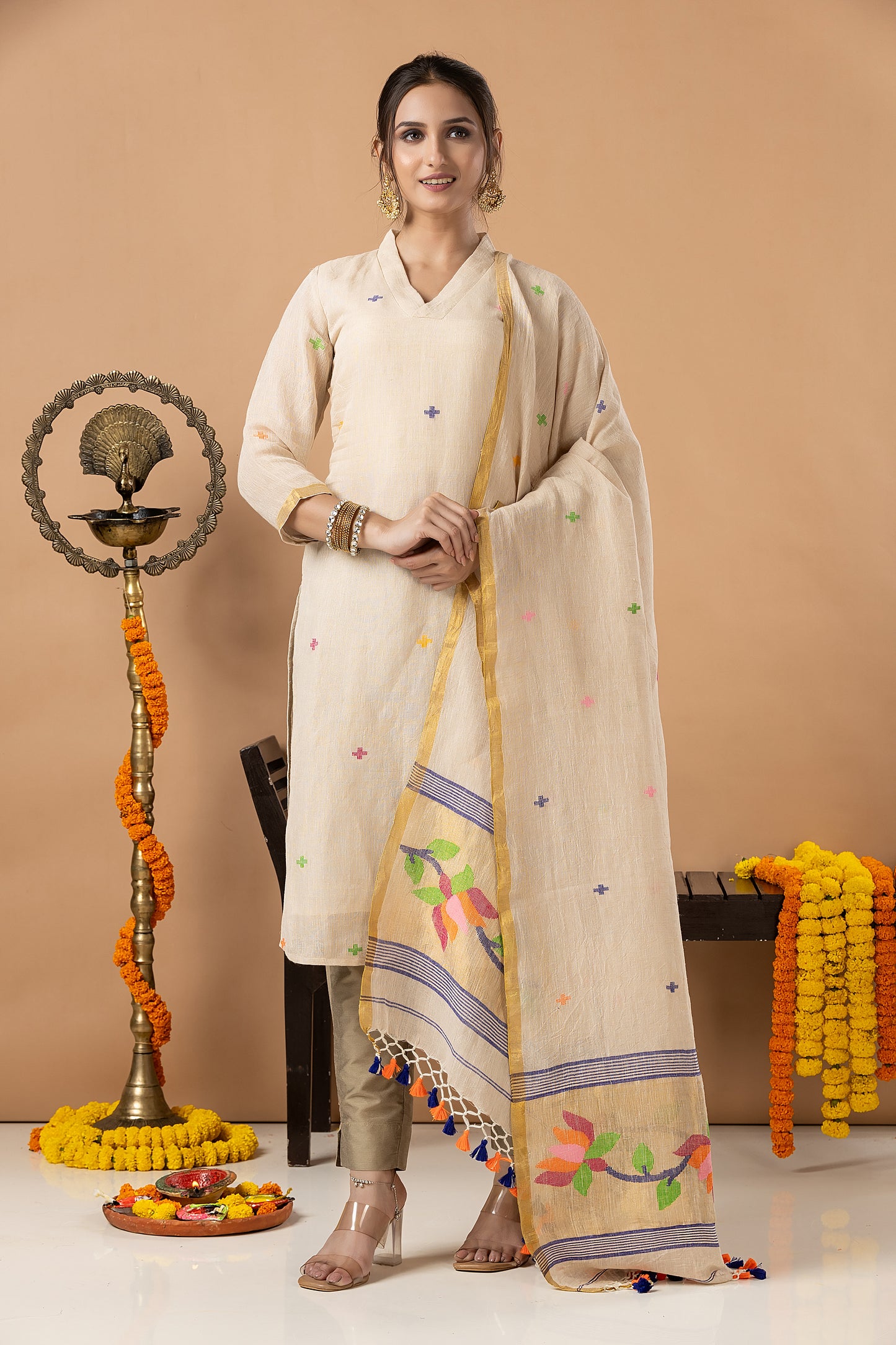 Handwoven Jamdani Linen Unstitched 2-piece Kurti | Cream | Scattered Buttas with Floral border