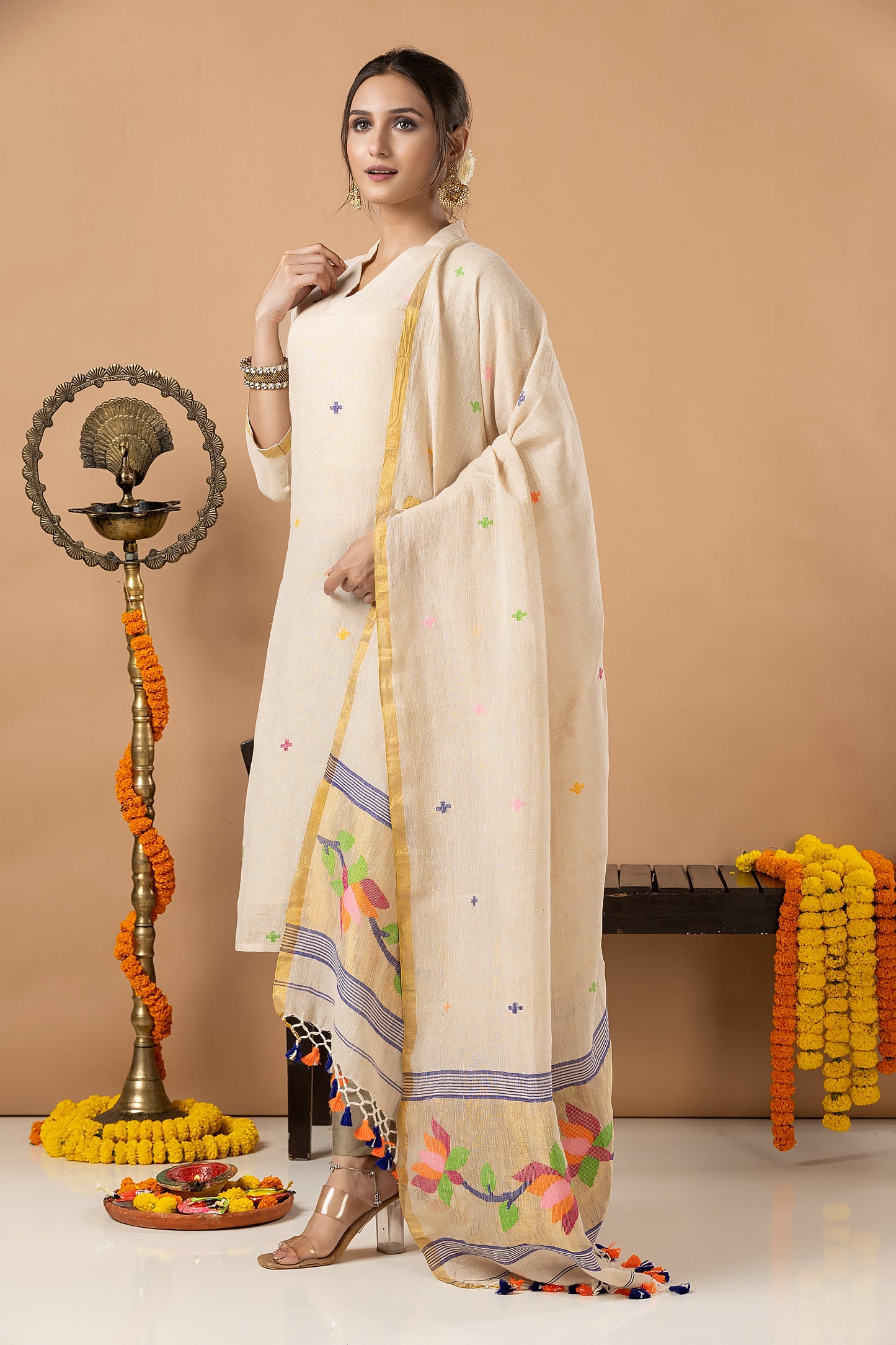 Handwoven Jamdani Linen Unstitched 2-piece Kurti | Cream | Scattered Buttas with Floral border
