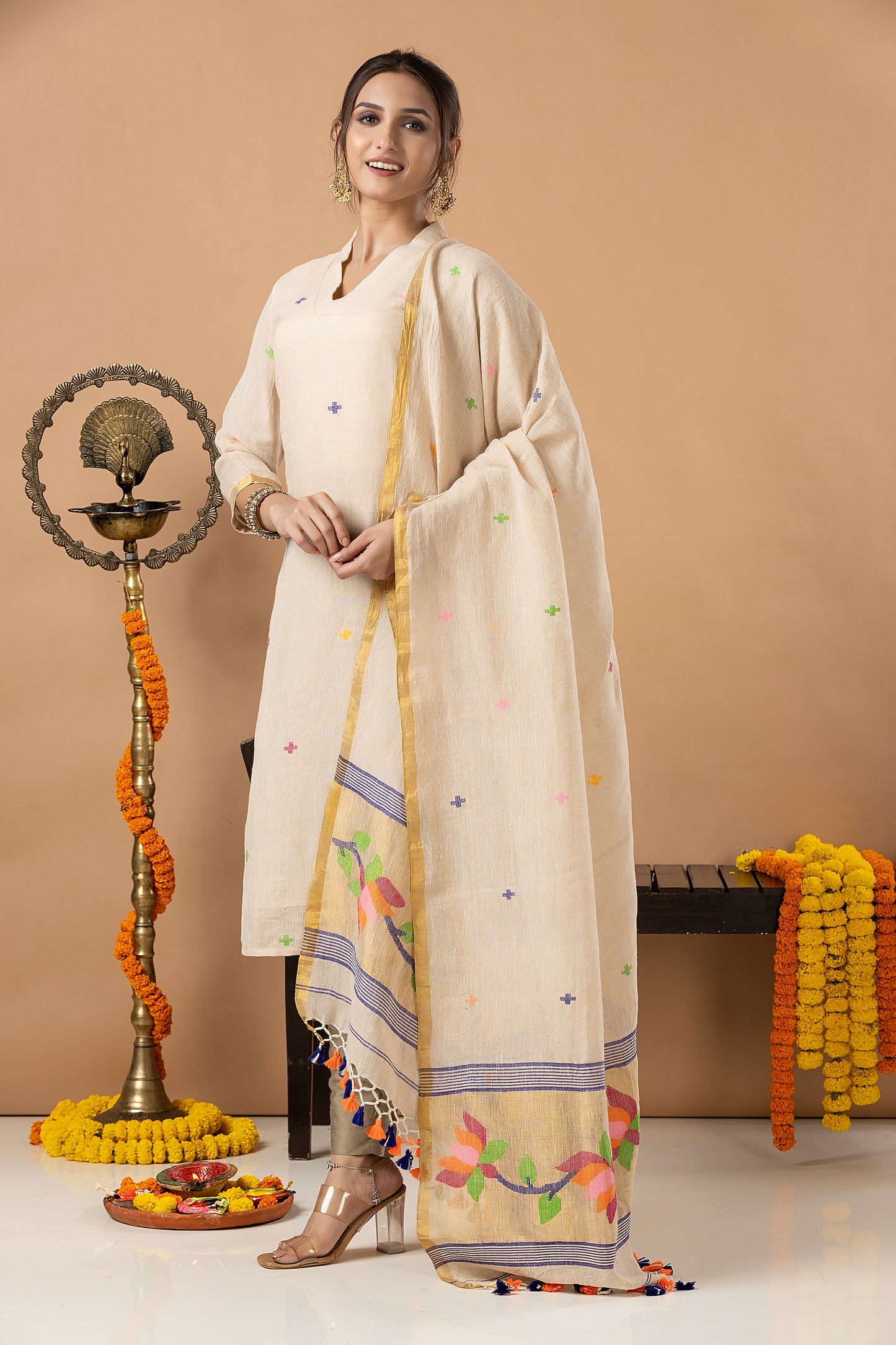 Handwoven Jamdani Linen Unstitched 2-piece Kurti | Cream | Scattered Buttas with Floral border
