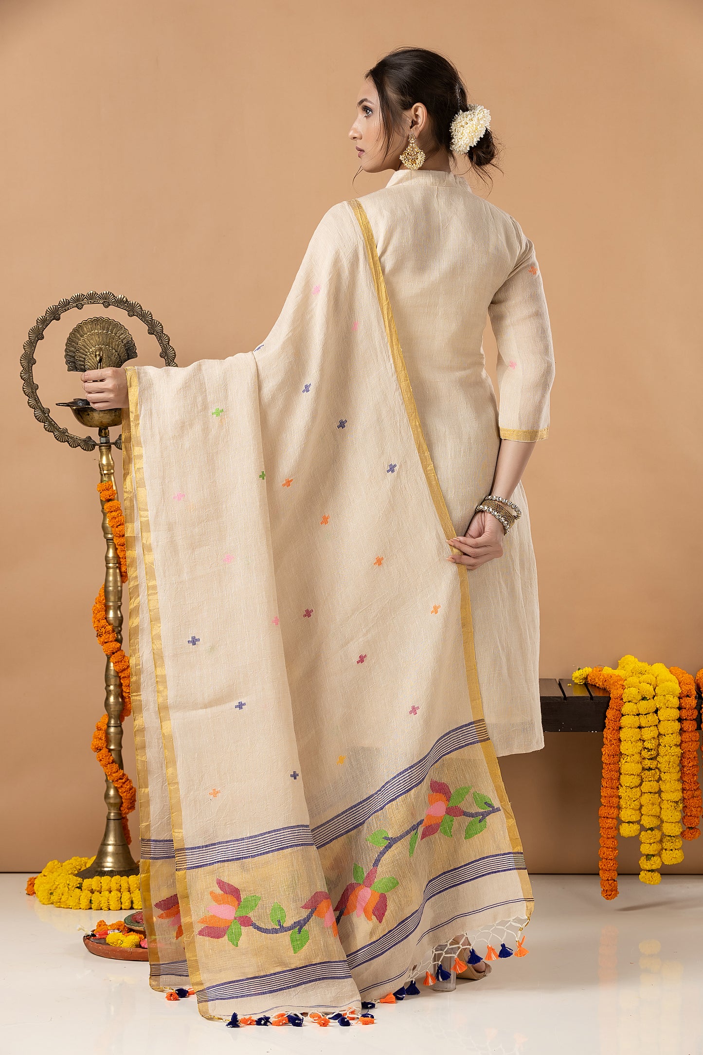 Handwoven Jamdani Linen Unstitched 2-piece Kurti | Cream | Scattered Buttas with Floral border