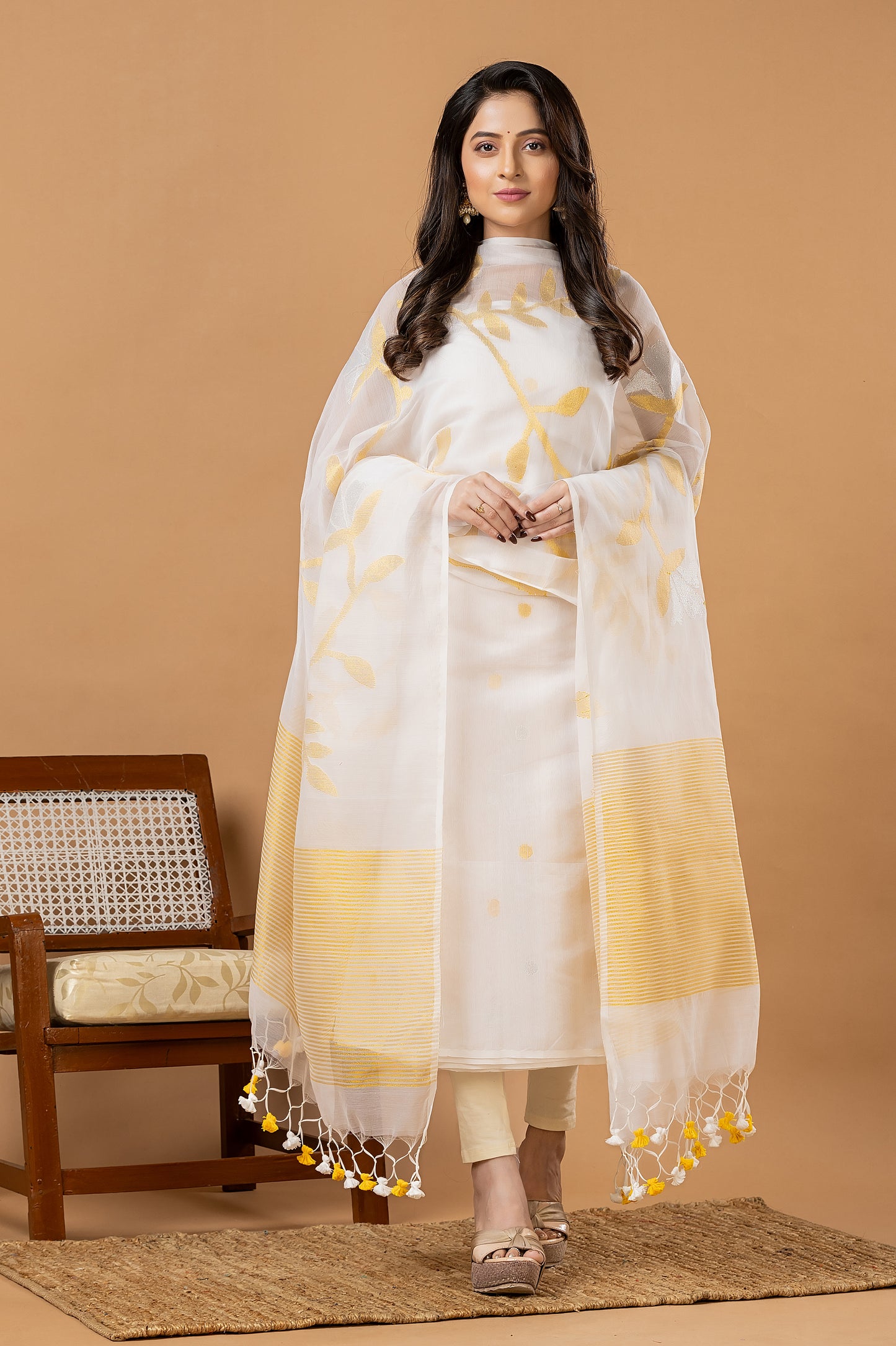 Handwoven Jamdani Muslin Unstitched 2-piece Kurti | White and Yellow | All-over Jamdani weaves with Floral border