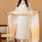 Handwoven Jamdani Muslin Unstitched 2-piece Kurti | White and Yellow | All-over Jamdani weaves with Floral border