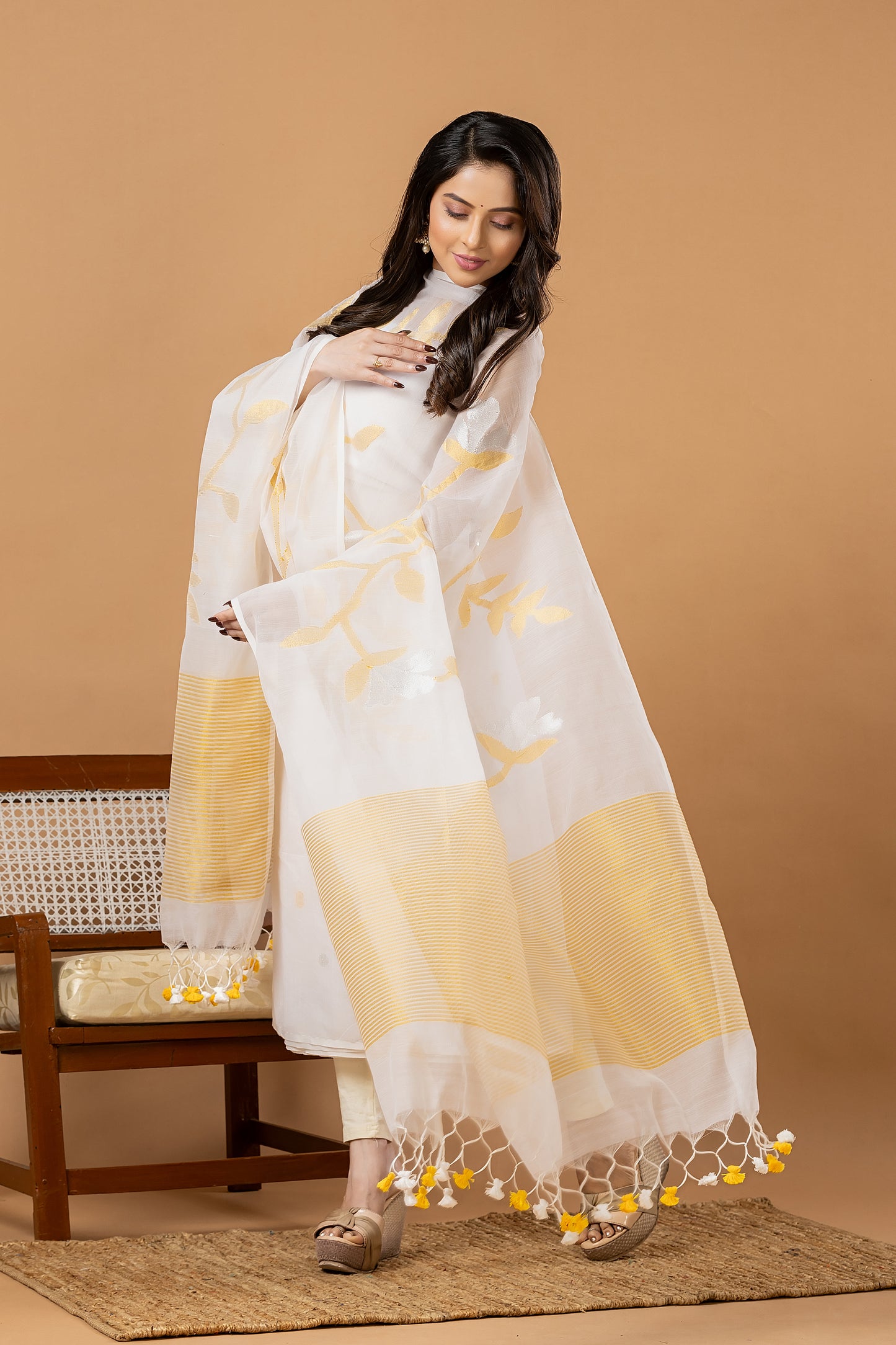 Handwoven Jamdani Muslin Unstitched 2-piece Kurti | White and Yellow | All-over Jamdani weaves with Floral border