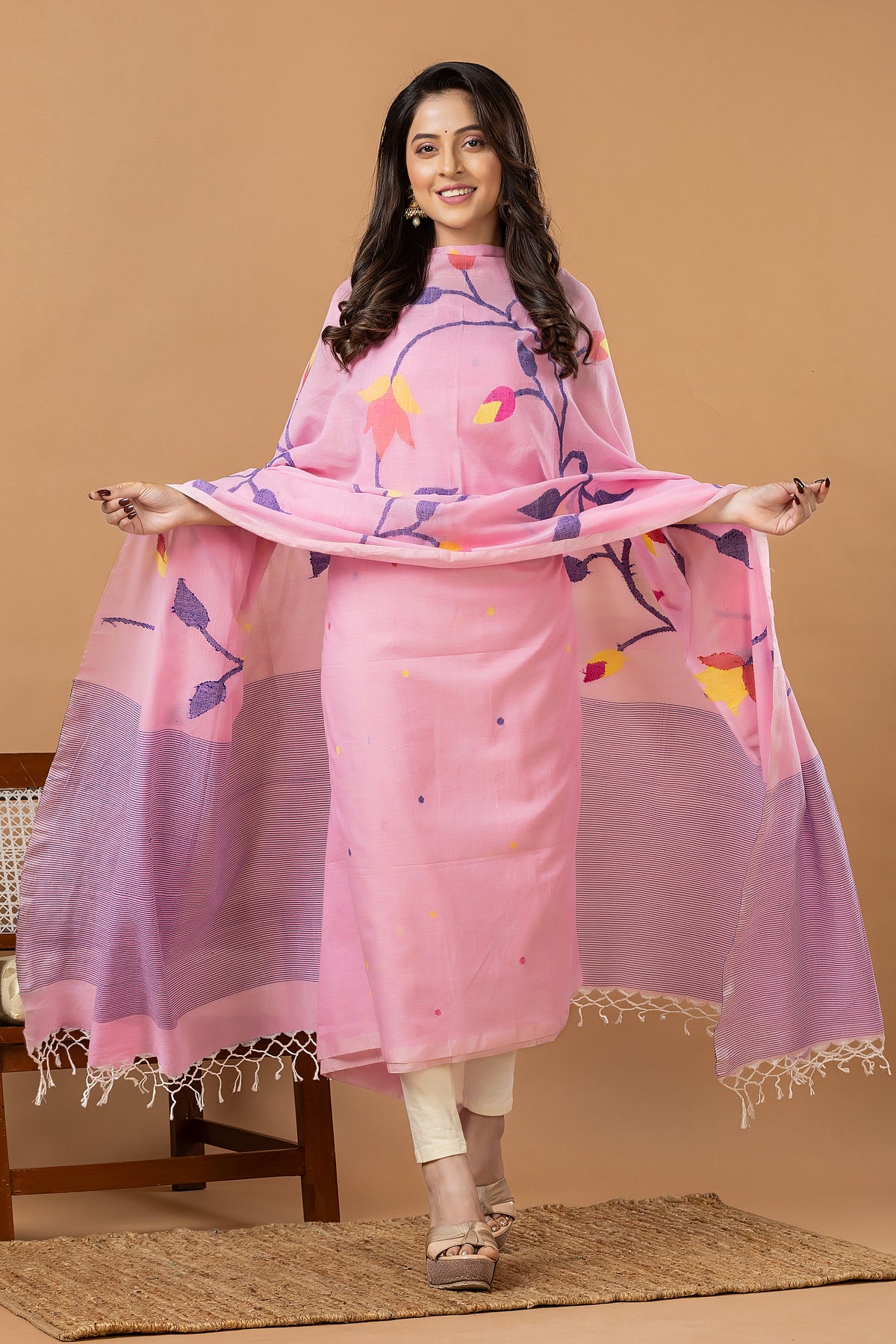 Handwoven Jamdani Muslin Unstitched 2-piece Kurti | Blush Pink