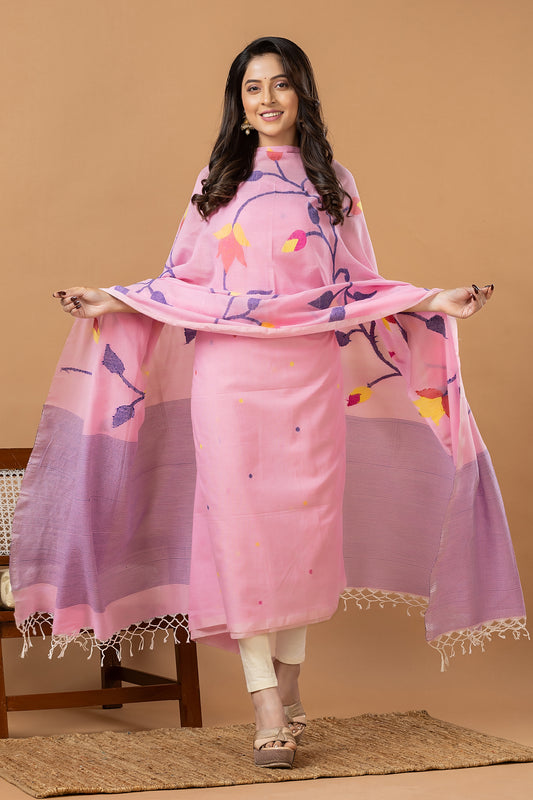 Handwoven Jamdani Muslin Unstitched 2-piece Kurti | Blush Pink