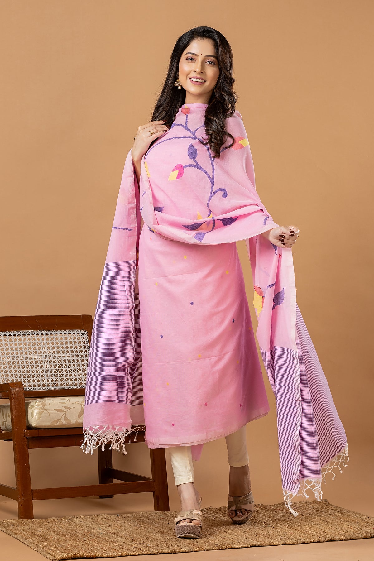 Handwoven Jamdani Muslin Unstitched 2-piece Kurti | Blush Pink