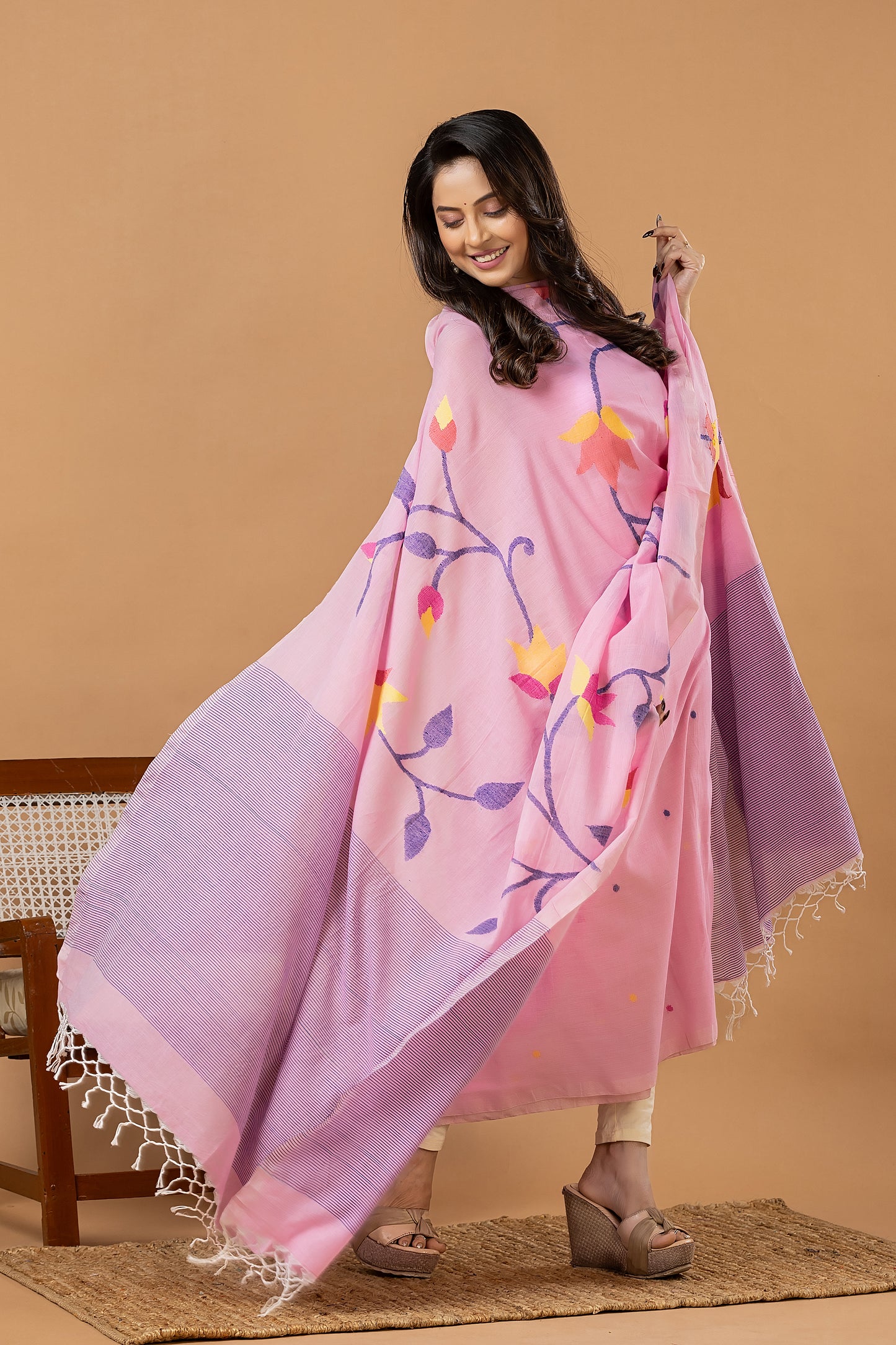 Handwoven Jamdani Muslin Unstitched 2-piece Kurti | Blush Pink