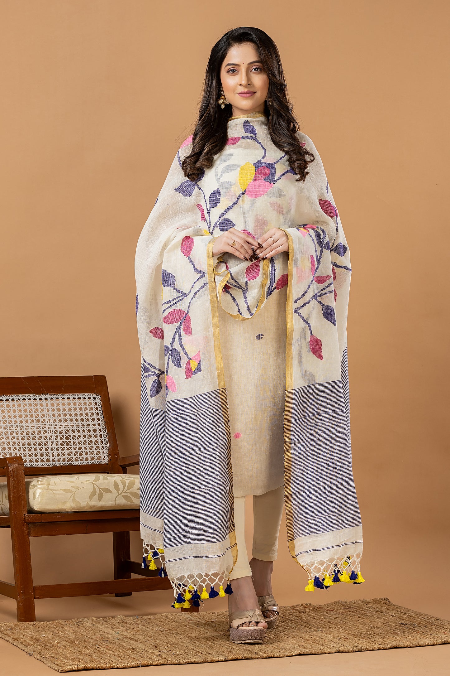 Handwoven Jamdani Linen Unstitched 2-piece Kurti | White and Denim Blue | Plain Body with Floral border