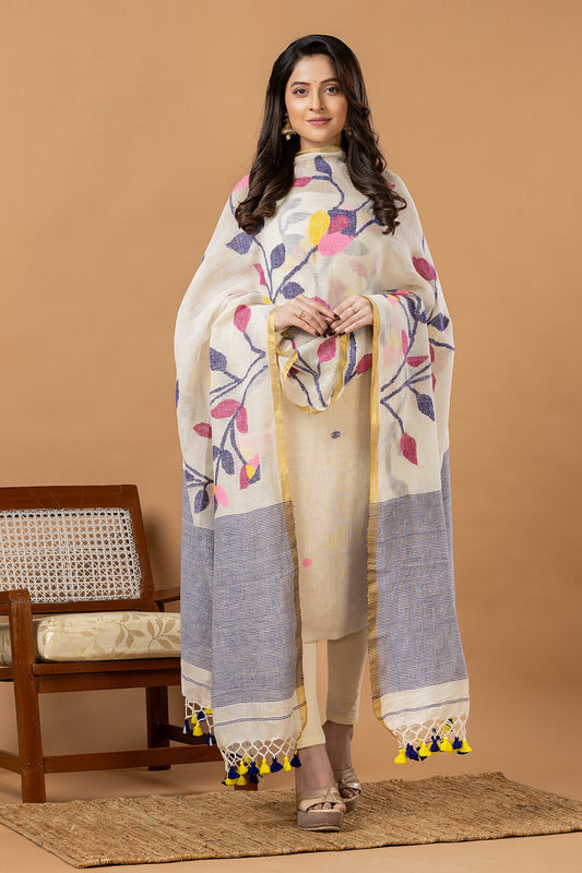Handwoven Jamdani Linen Unstitched 2-piece Kurti | White and Denim Blue | Plain Body with Floral border