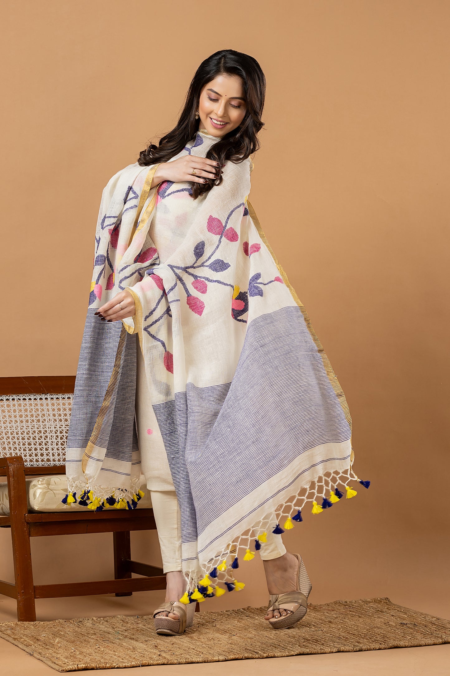 Handwoven Jamdani Linen Unstitched 2-piece Kurti | White and Denim Blue | Plain Body with Floral border
