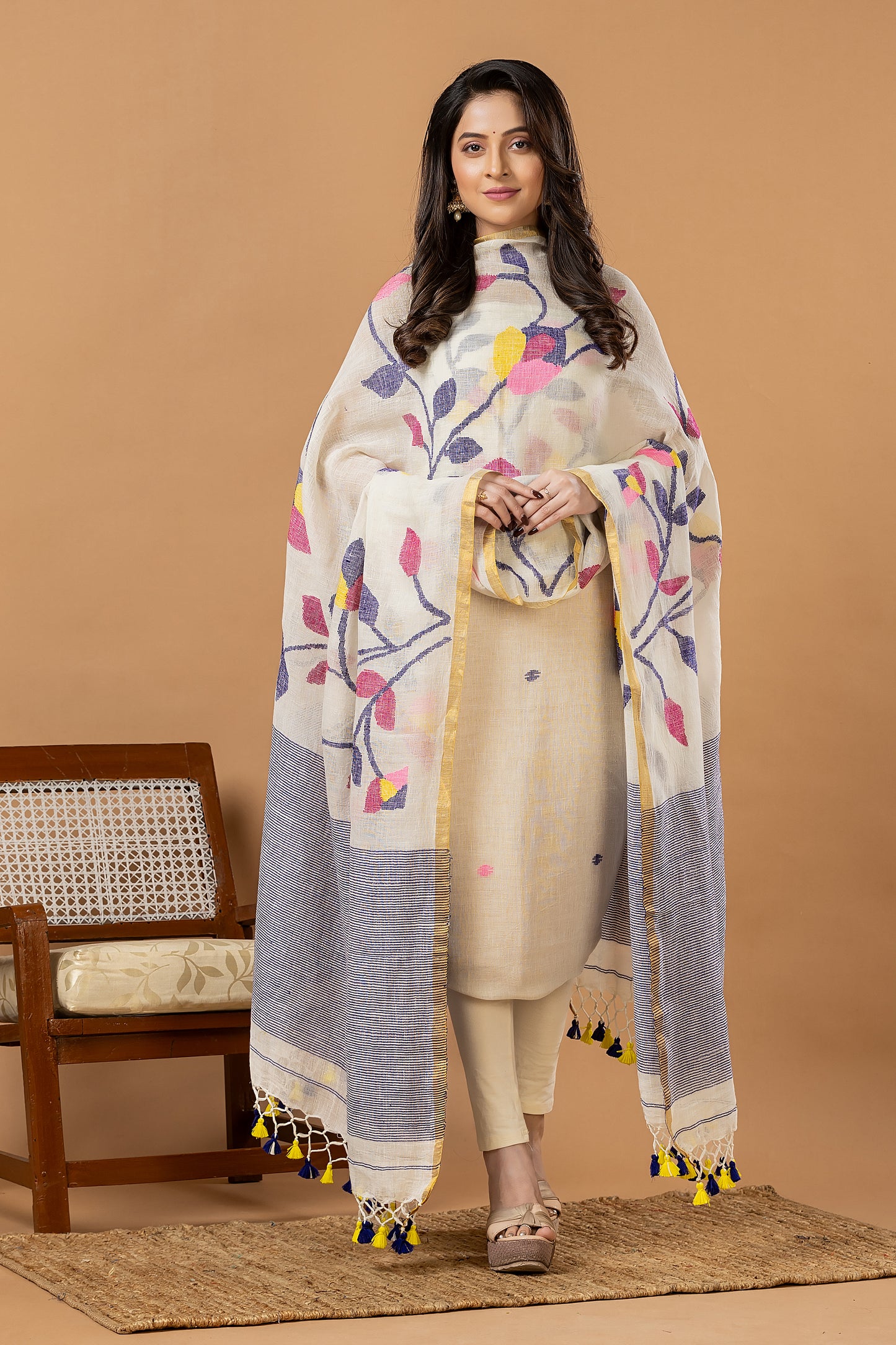 Handwoven Jamdani Linen Unstitched 2-piece Kurti | White and Denim Blue | Plain Body with Floral border