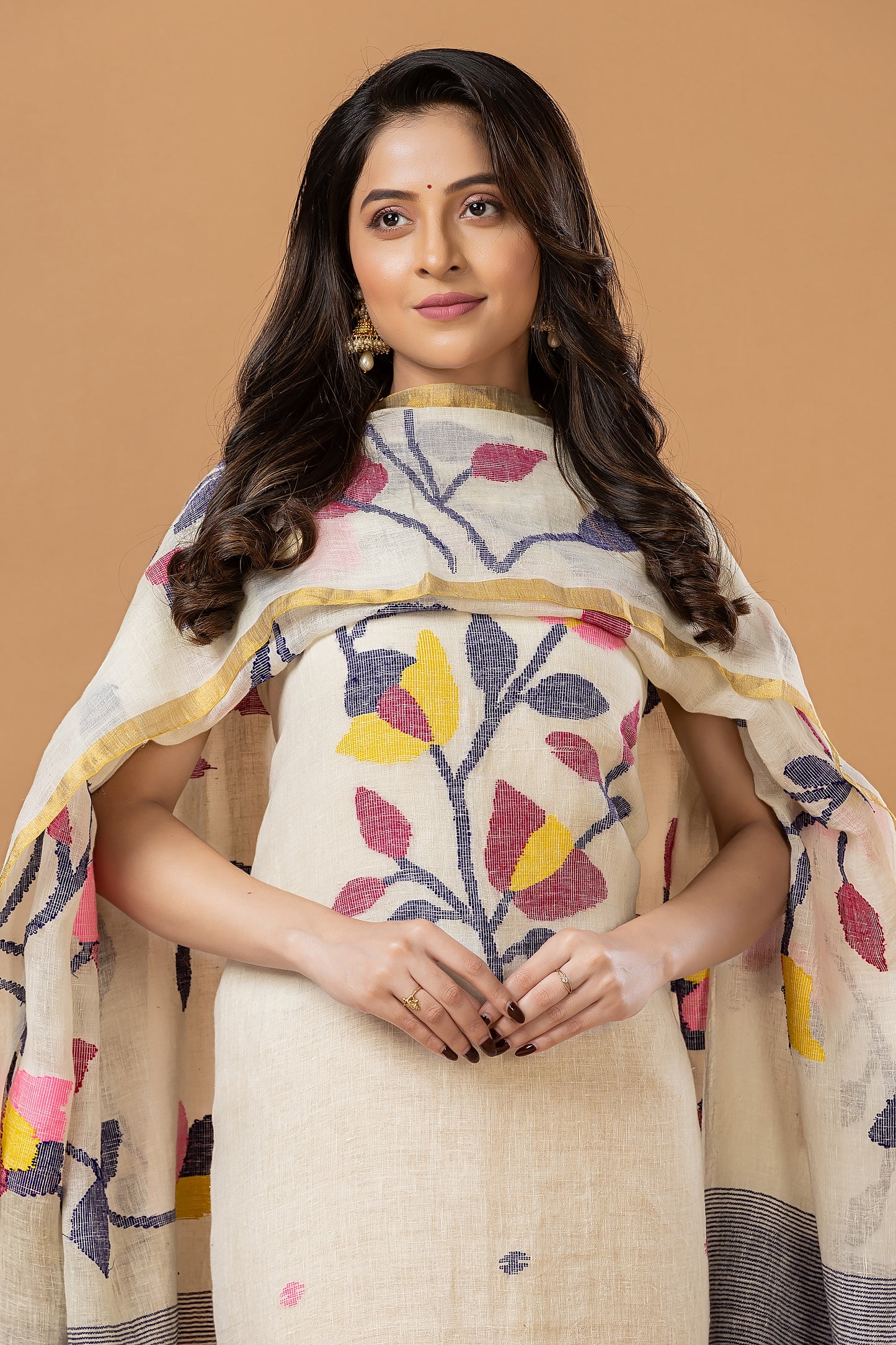 Handwoven Jamdani Linen Unstitched 2-piece Kurti | White and Denim Blue | Plain Body with Floral border