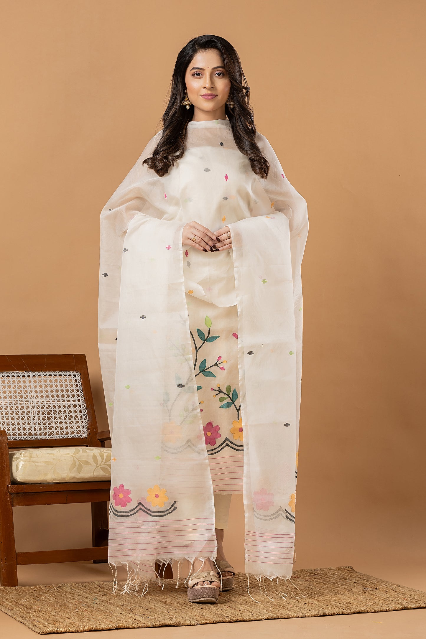 Handwoven Jamdani Muslin Unstitched 2-piece Kurti | White | All-over Jamdani weaves with Floral border
