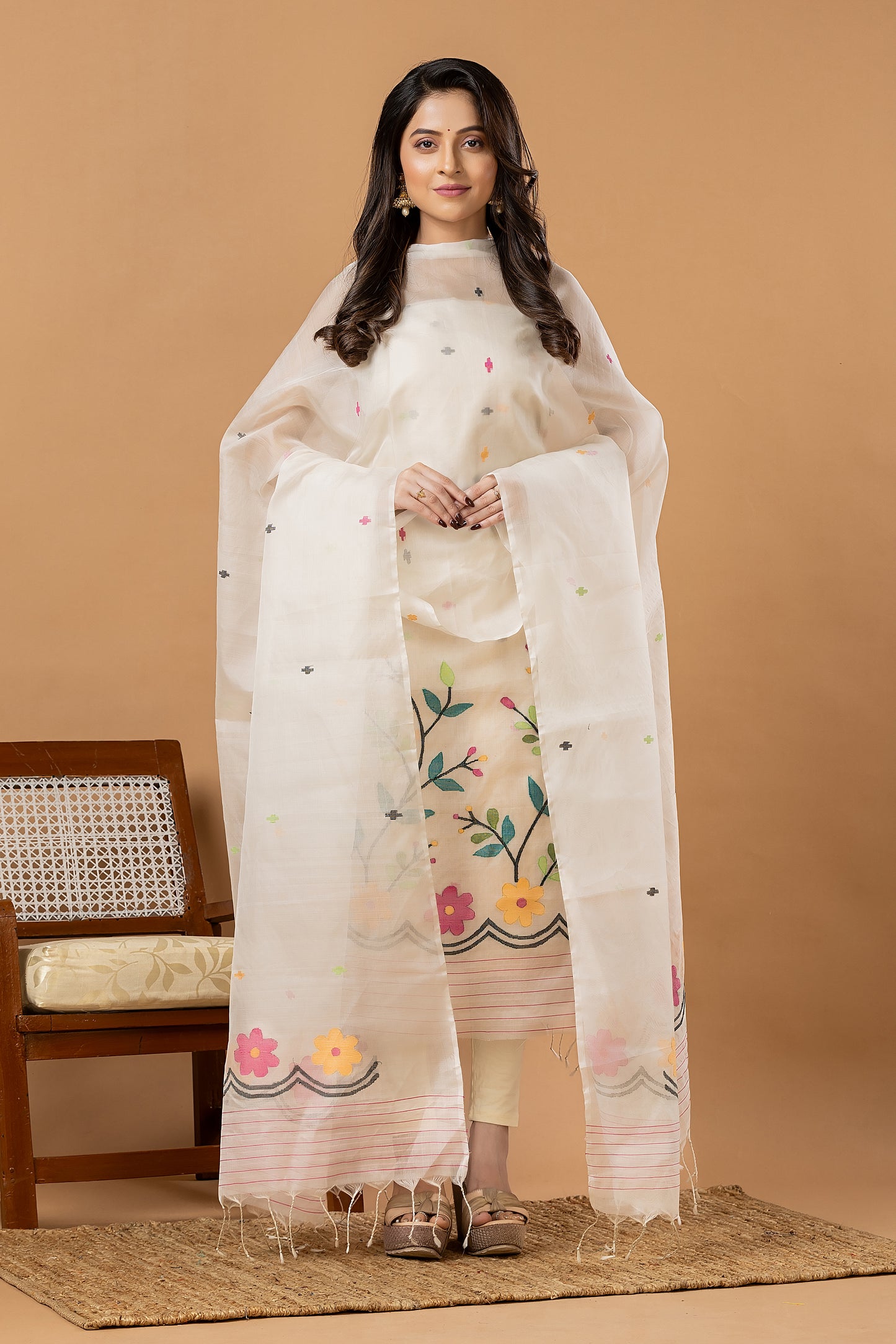 Handwoven Jamdani Muslin Unstitched 2-piece Kurti | White | All-over Jamdani weaves with Floral border