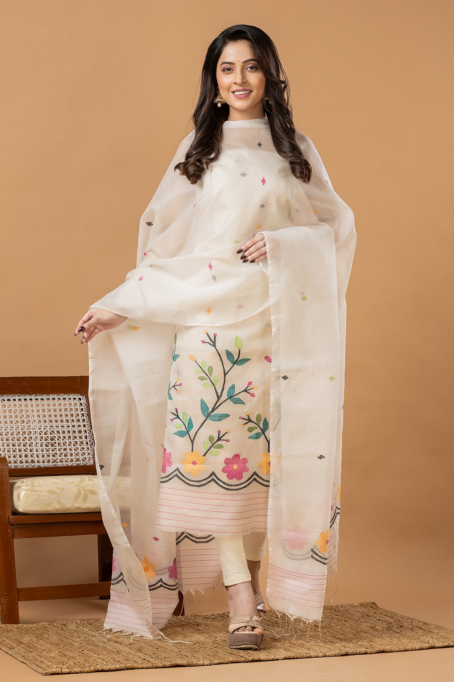 Handwoven Jamdani Muslin Unstitched 2-piece Kurti | White | All-over Jamdani weaves with Floral border