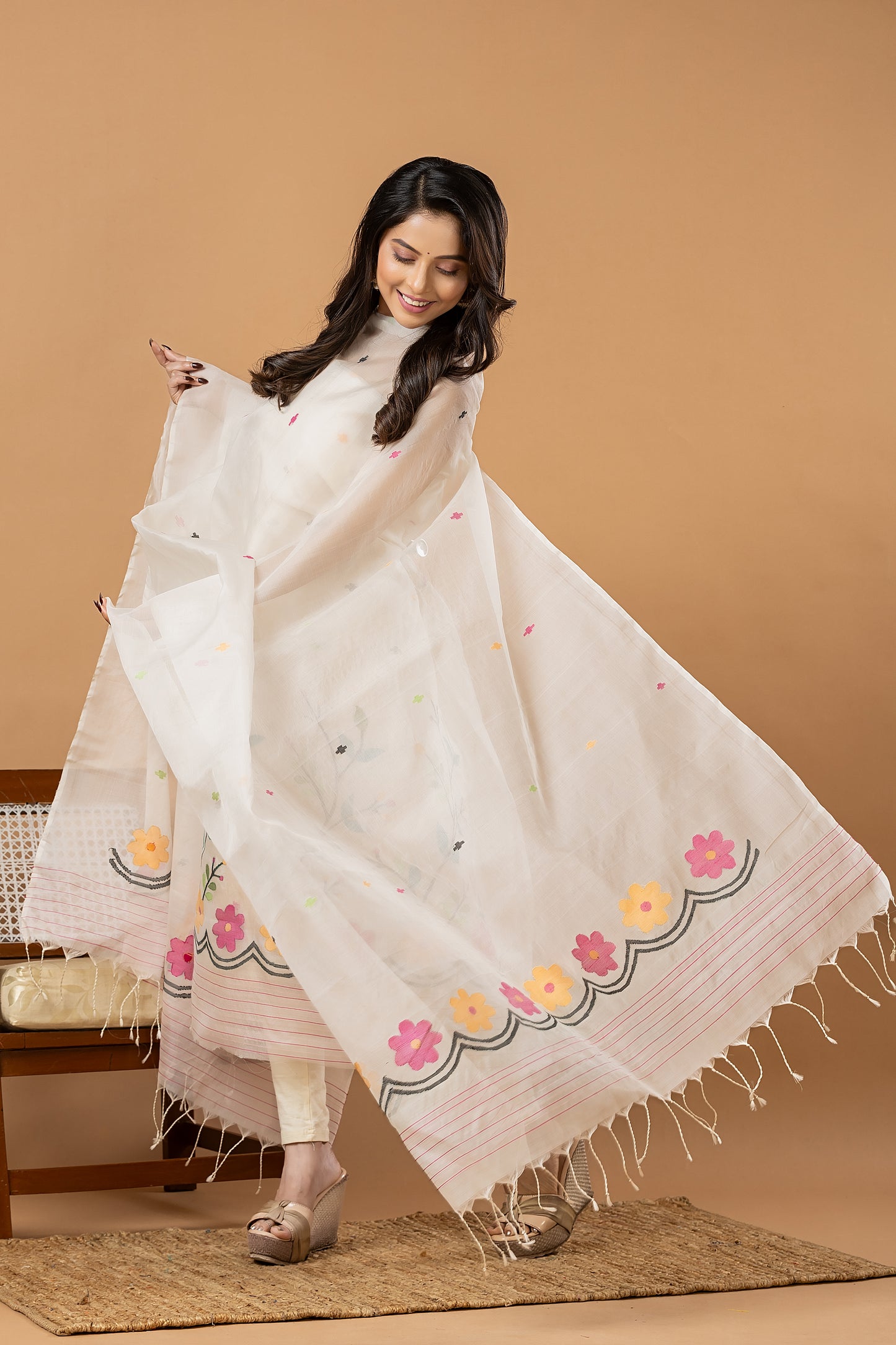 Handwoven Jamdani Muslin Unstitched 2-piece Kurti | White | All-over Jamdani weaves with Floral border