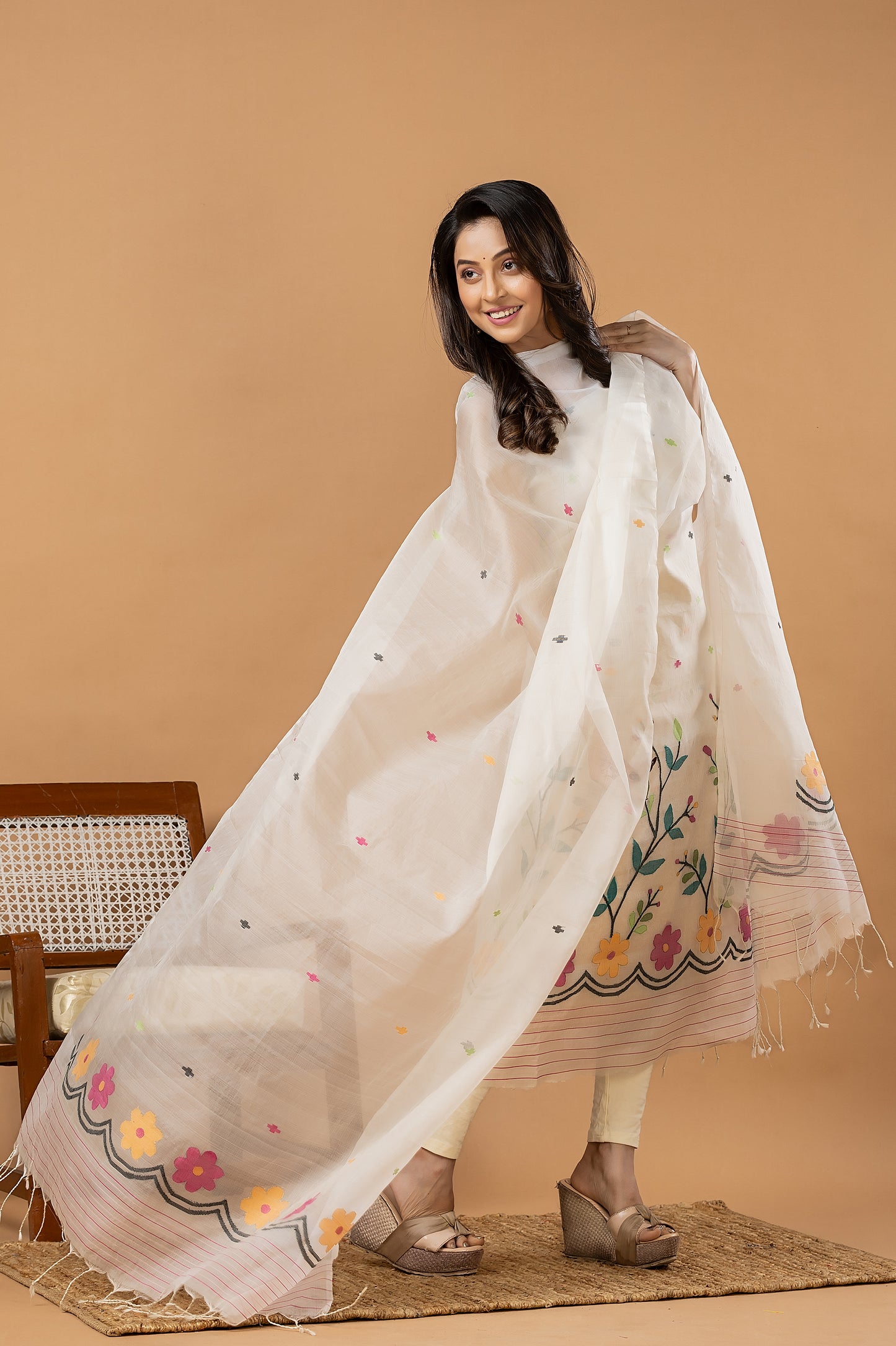 Handwoven Jamdani Muslin Unstitched 2-piece Kurti | White | All-over Jamdani weaves with Floral border