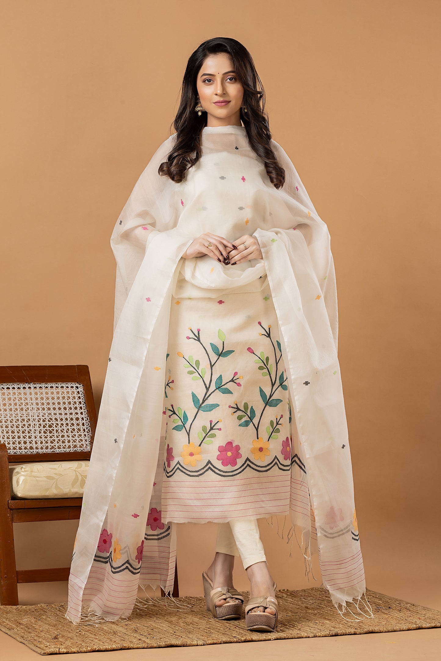 Handwoven Jamdani Muslin Unstitched 2-piece Kurti | White | All-over Jamdani weaves with Floral border