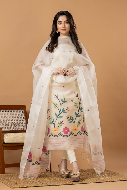 Handwoven Jamdani Muslin Unstitched 2-piece Kurti | White | All-over Jamdani weaves with Floral border