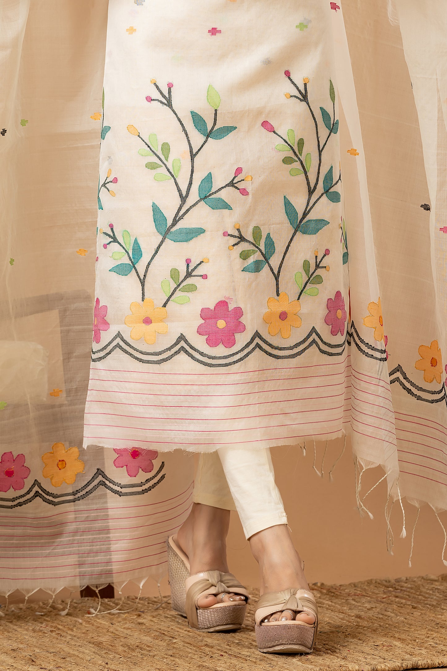 Handwoven Jamdani Muslin Unstitched 2-piece Kurti | White | All-over Jamdani weaves with Floral border