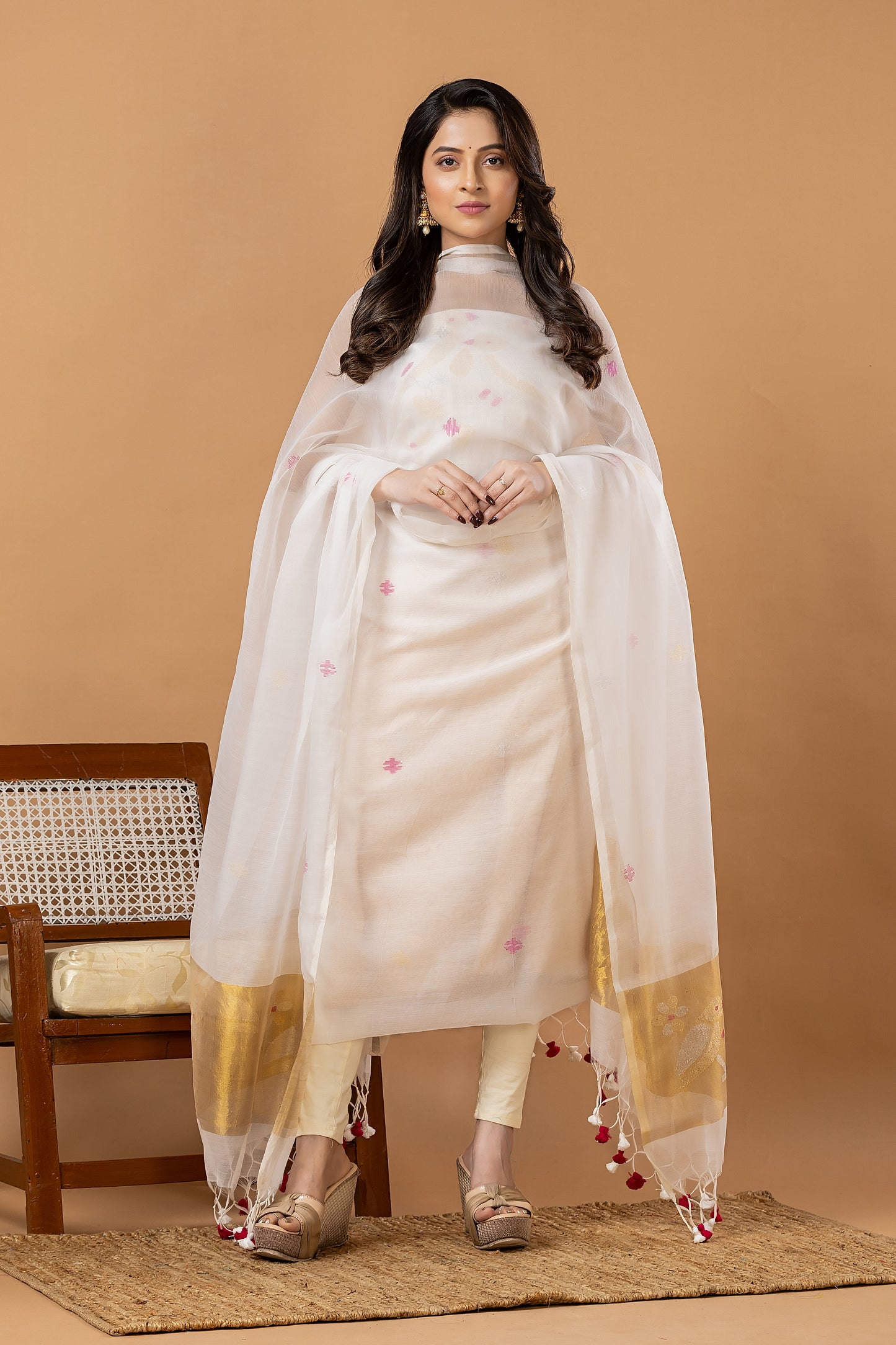 Handwoven Jamdani Muslin Unstitched 2-piece Kurti | White | Scattered Buttas with Floral border