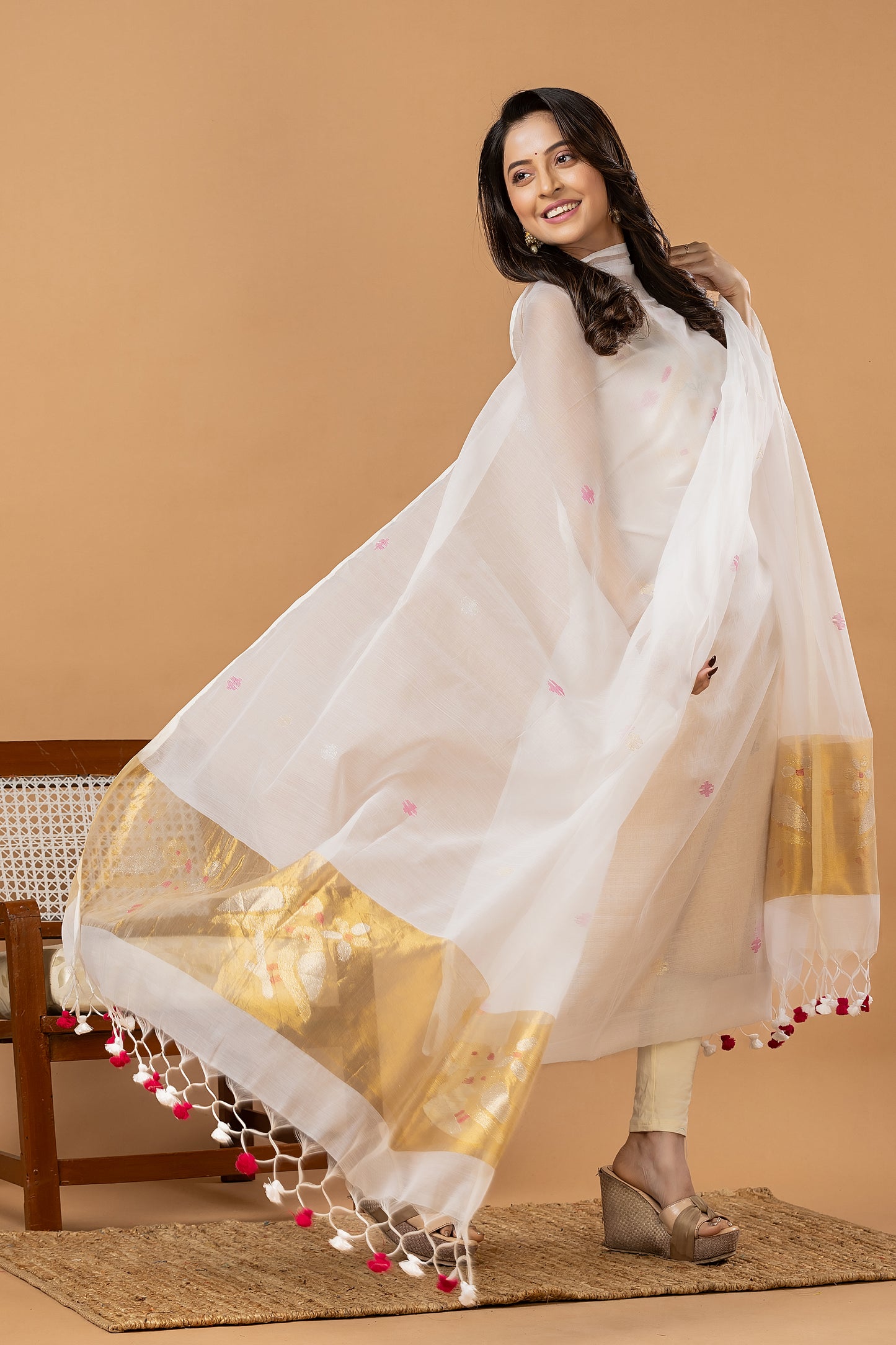Handwoven Jamdani Muslin Unstitched 2-piece Kurti | White | Scattered Buttas with Floral border