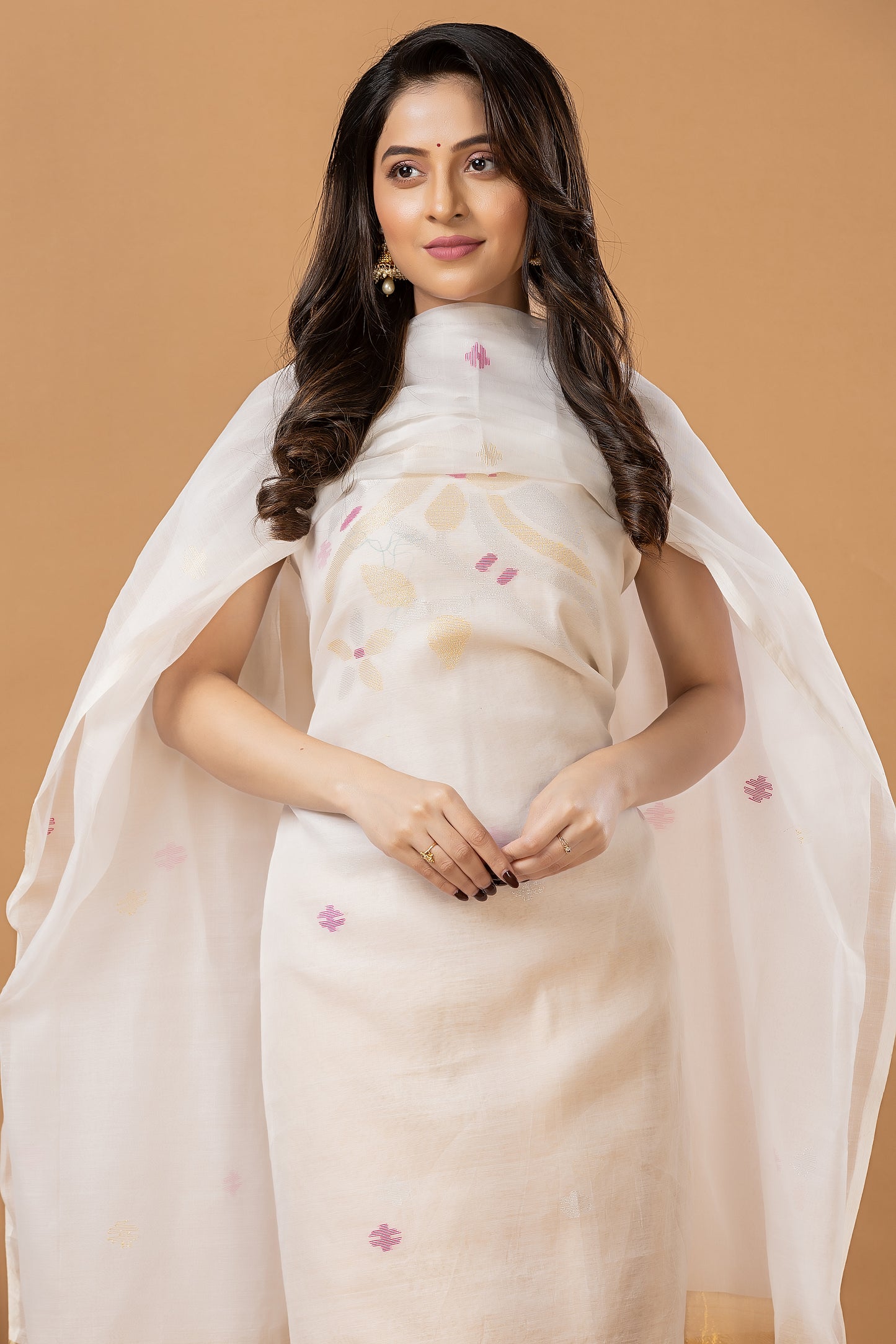 Handwoven Jamdani Muslin Unstitched 2-piece Kurti | White | Scattered Buttas with Floral border