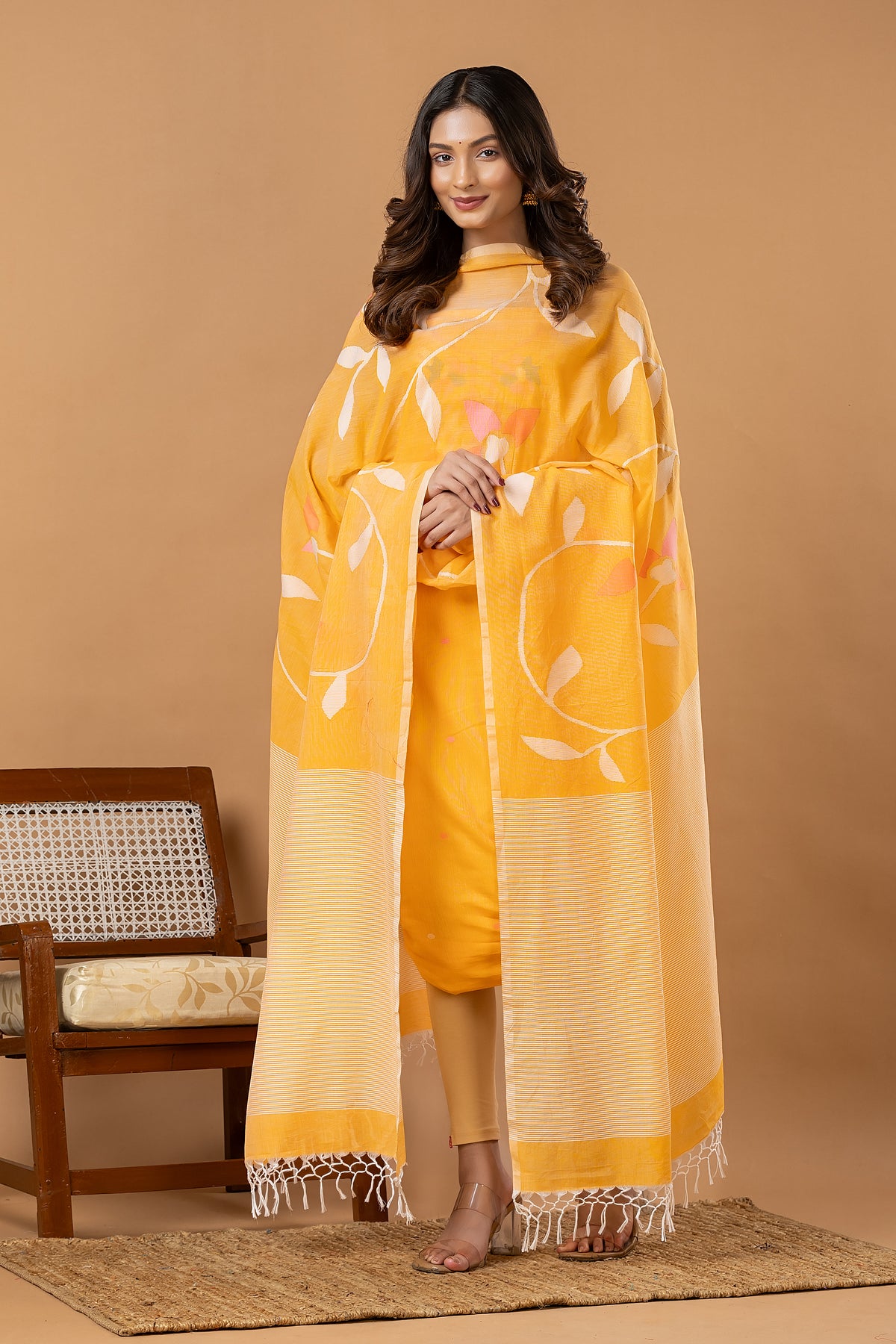 Handwoven Jamdani Silk Cotton Unstitched 2-piece Kurti | Marigold Yellow