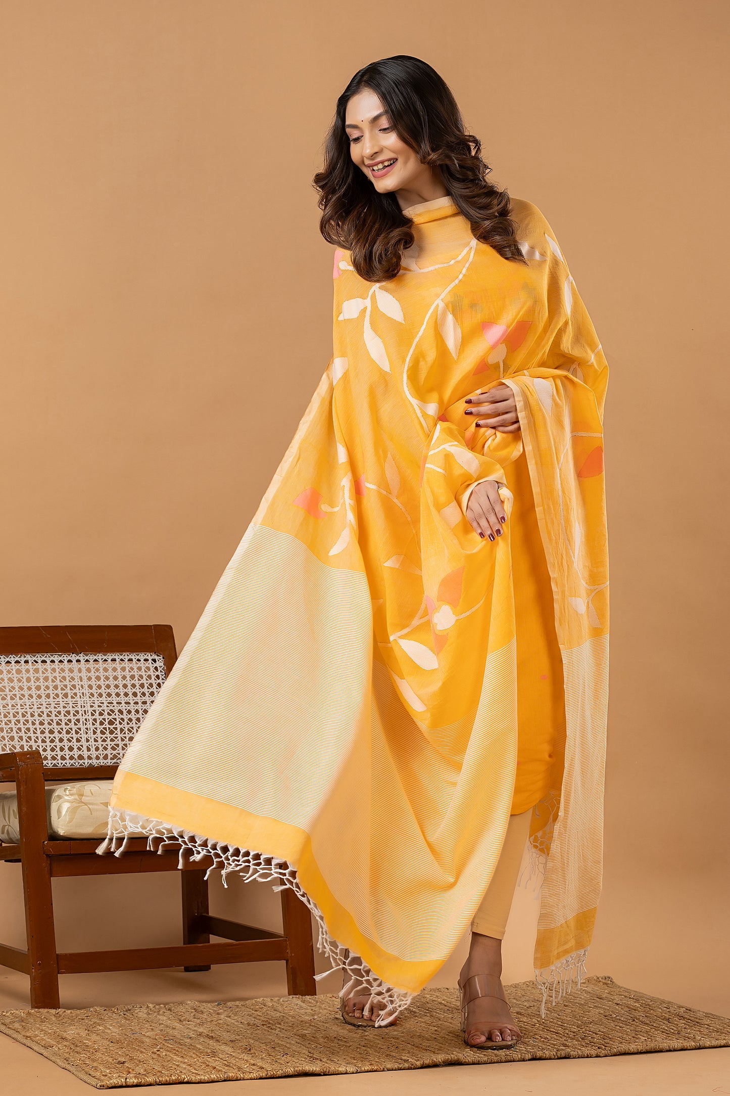 Handwoven Jamdani Silk Cotton Unstitched 2-piece Kurti | Marigold Yellow