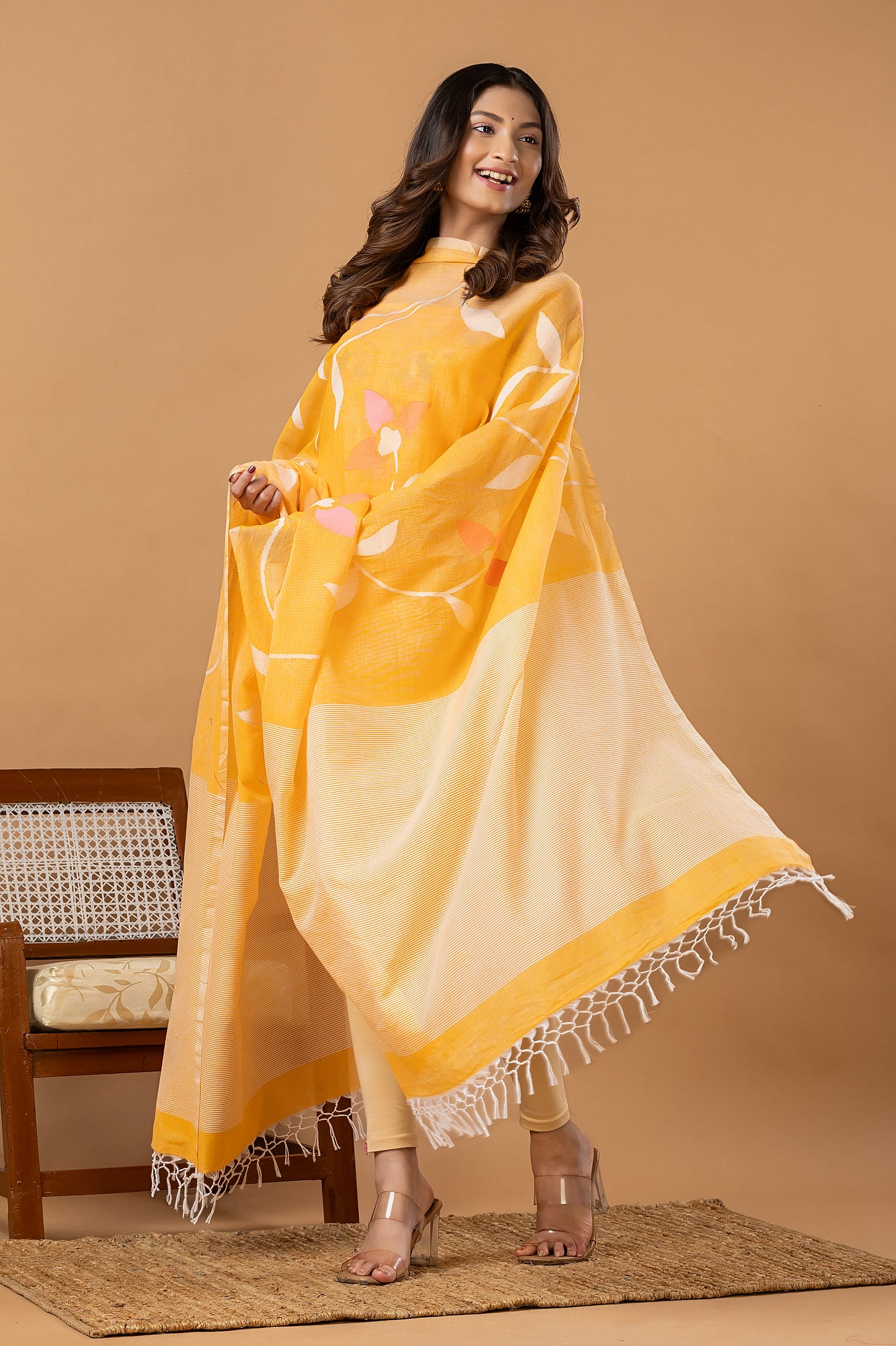 Handwoven Jamdani Silk Cotton Unstitched 2-piece Kurti | Marigold Yellow